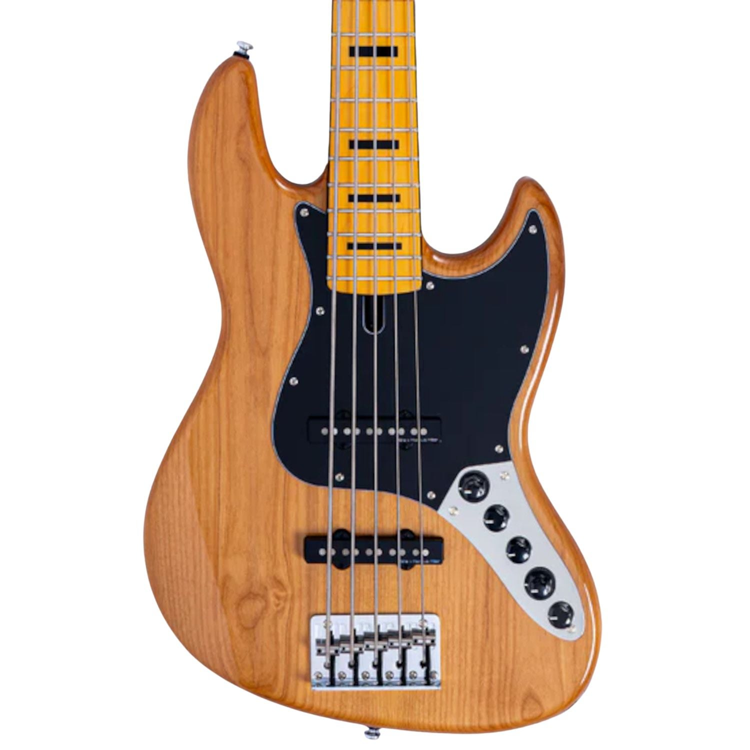 Een bruine 5-snarige basgitaar met zwart slagplaat en gele toets.