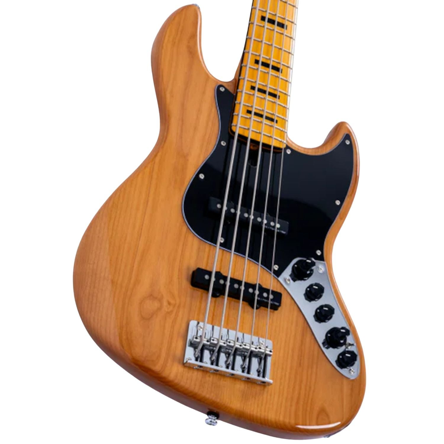 Een bruine 5-snarige elektrische basgitaar met zwart slagplaat en geel toetsenbord.