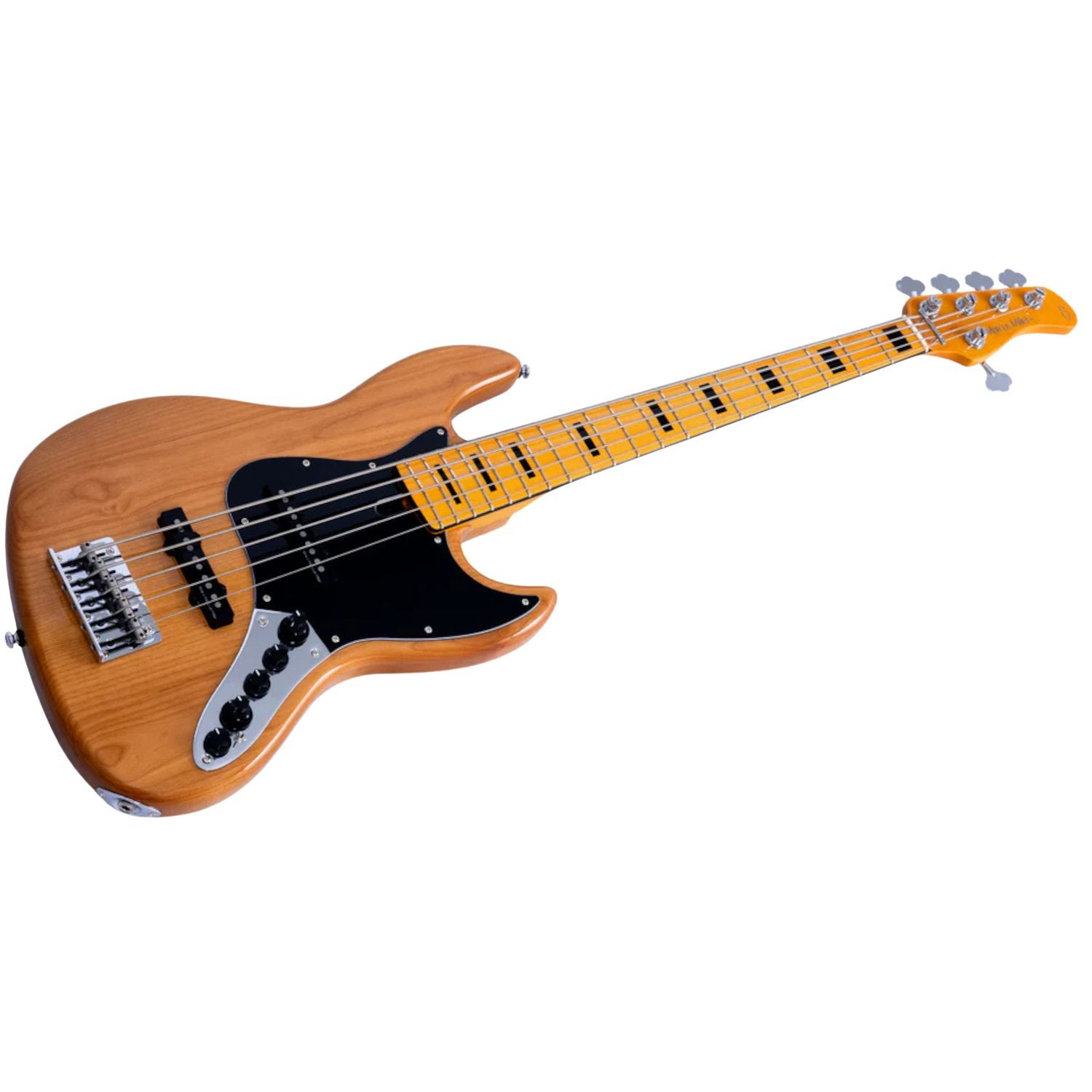 Een bruine 5-snarige basgitaar met gele toets en zwart slagplaat.
