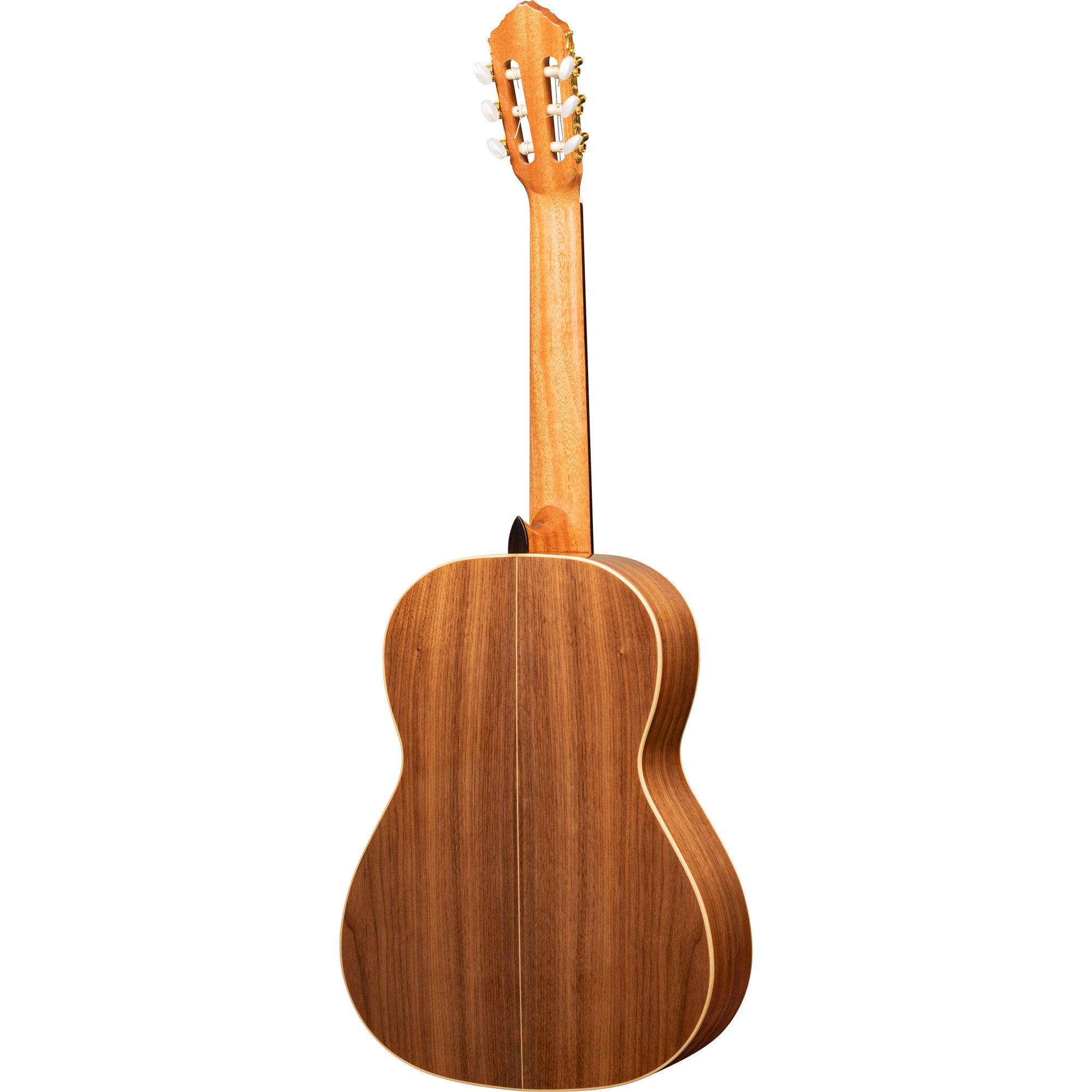 Achterkant van een bruine akoestische gitaar met houtnerf en zilveren stemmechanieken.