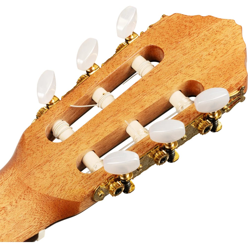 Houten gitaarkop met witte stemknoppen en gouden beslag.