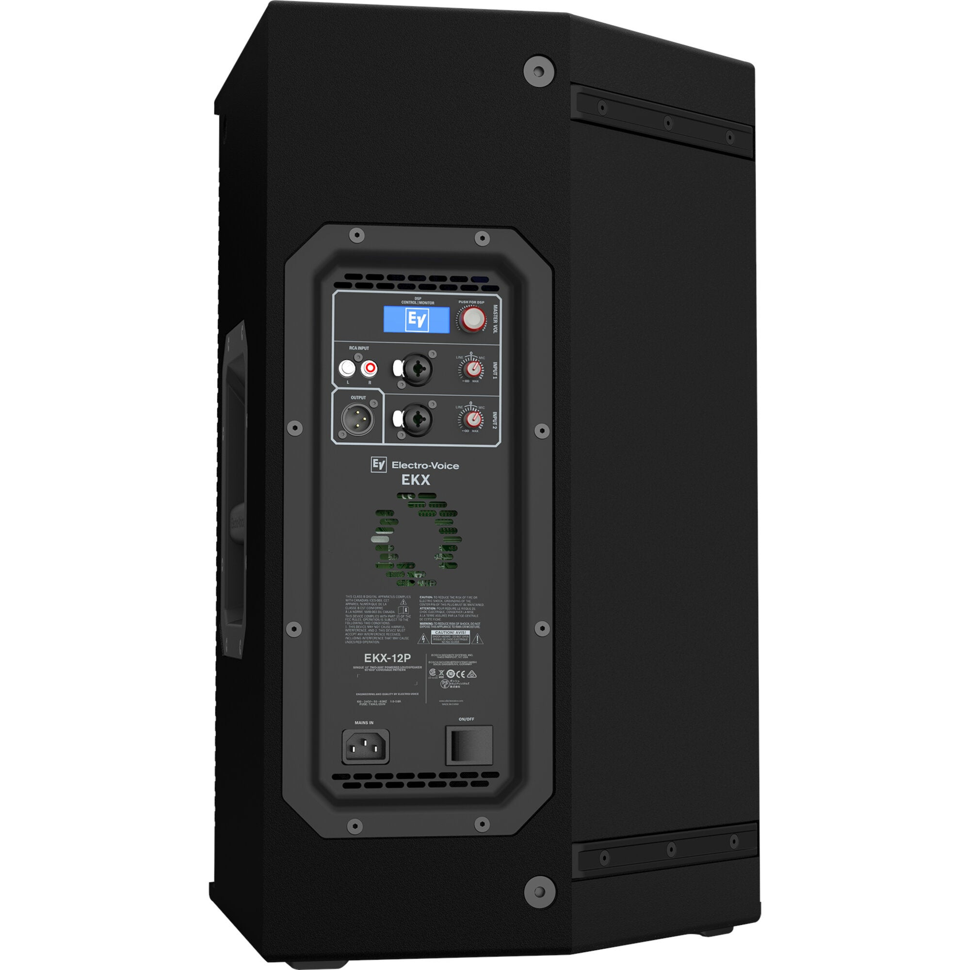 Black speaker with connection panel: RCA, XLR, Jack, Power input.
