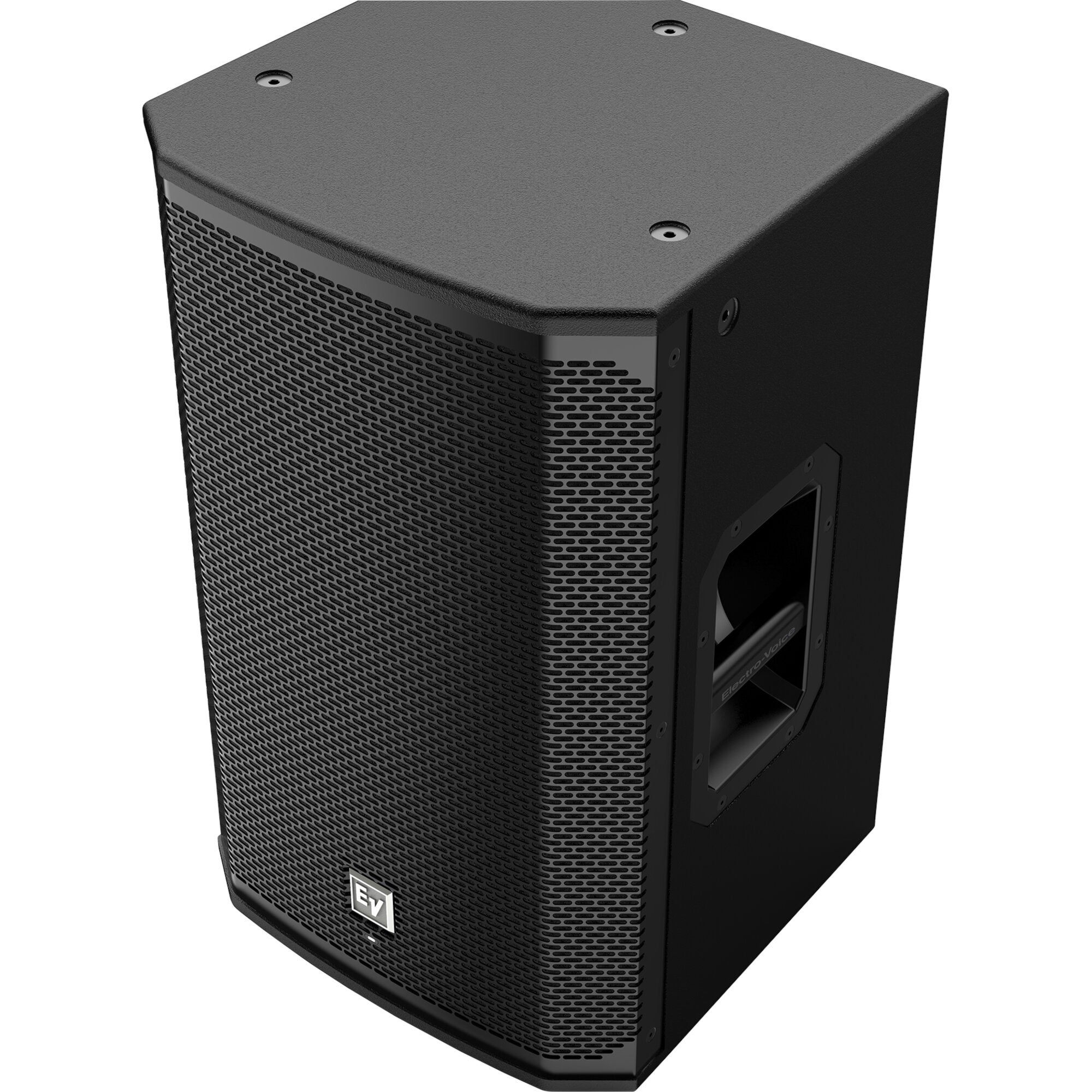 A black Electro-Voice speaker with a mesh grill and a handle on the side.