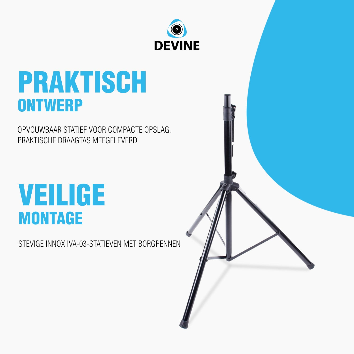 Zwarte statiefstandaard met zilveren middenpaal en blauwe achtergrondvorm, praktisch ontwerp.