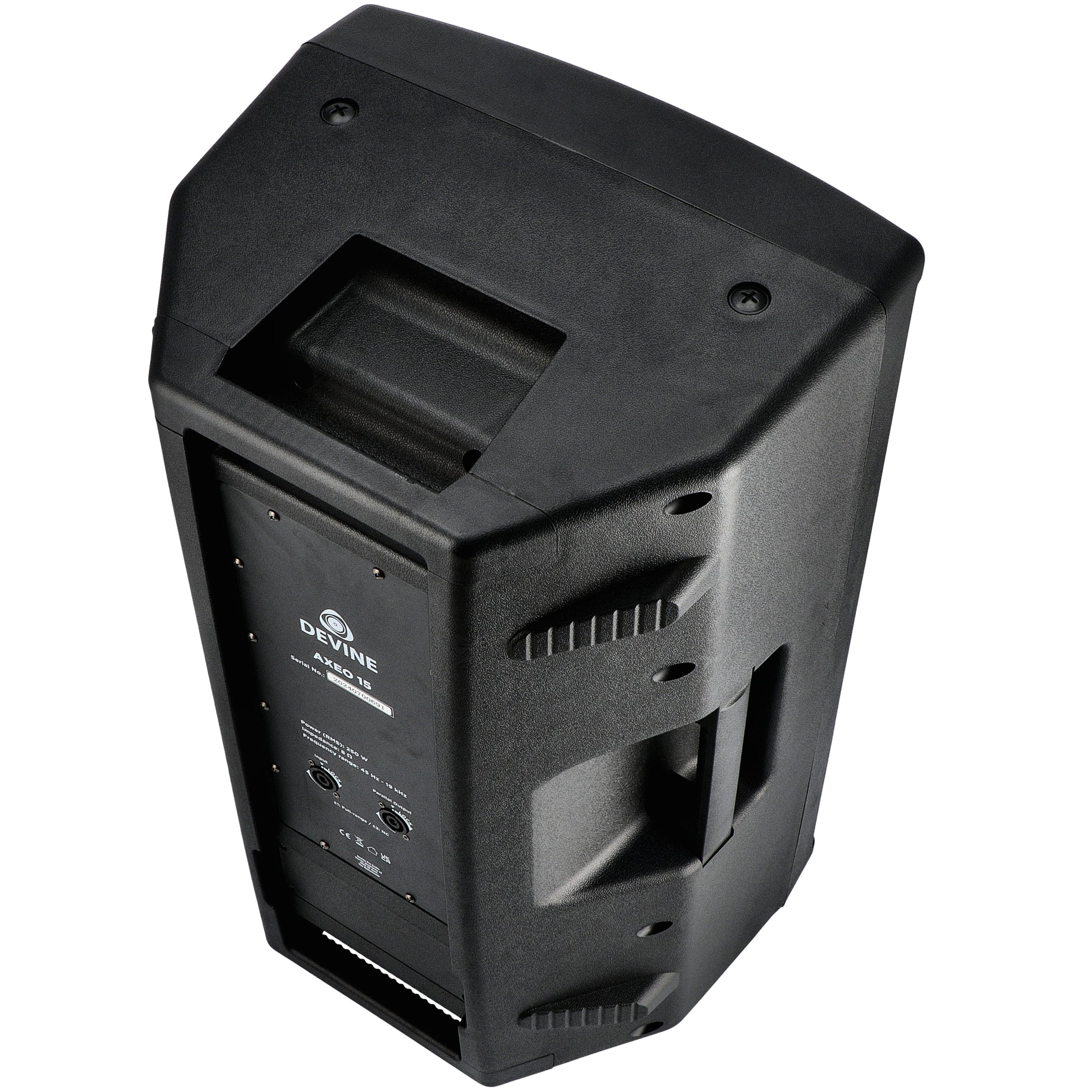 Black speaker with recessed handles and connectors.