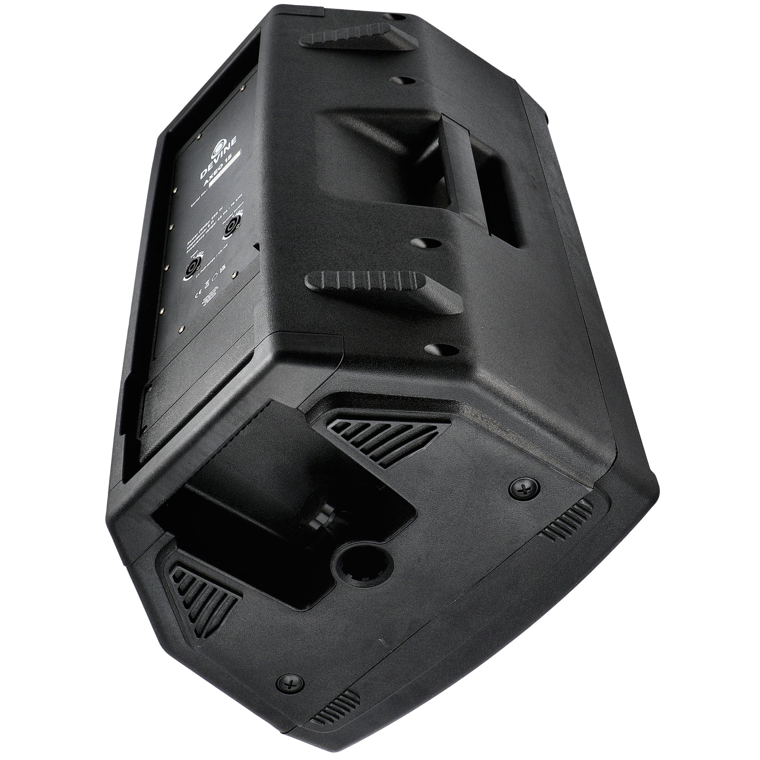 Black speaker with handles and connectors, isolated on a white background.