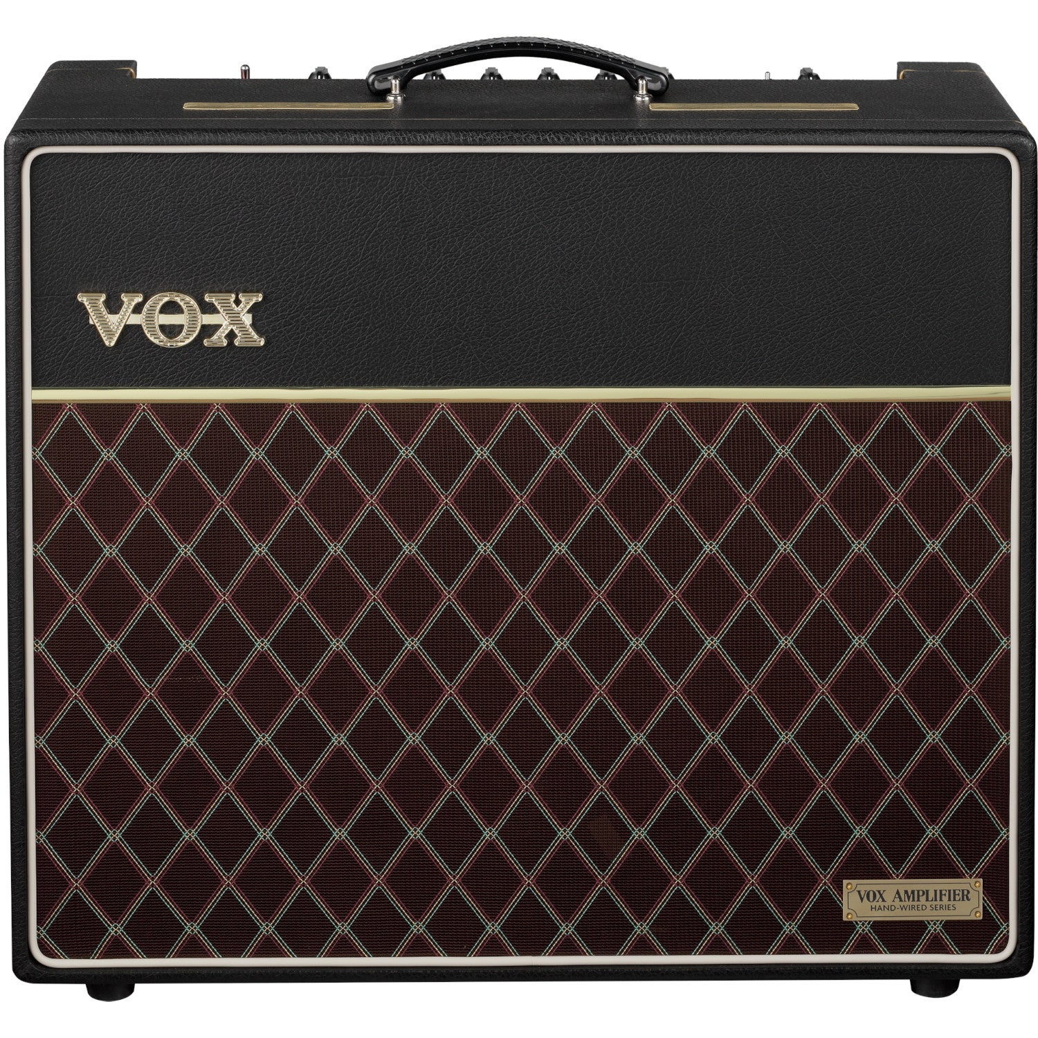 A black Vox amplifier with a diamond-patterned speaker grill and gold VOX logo.