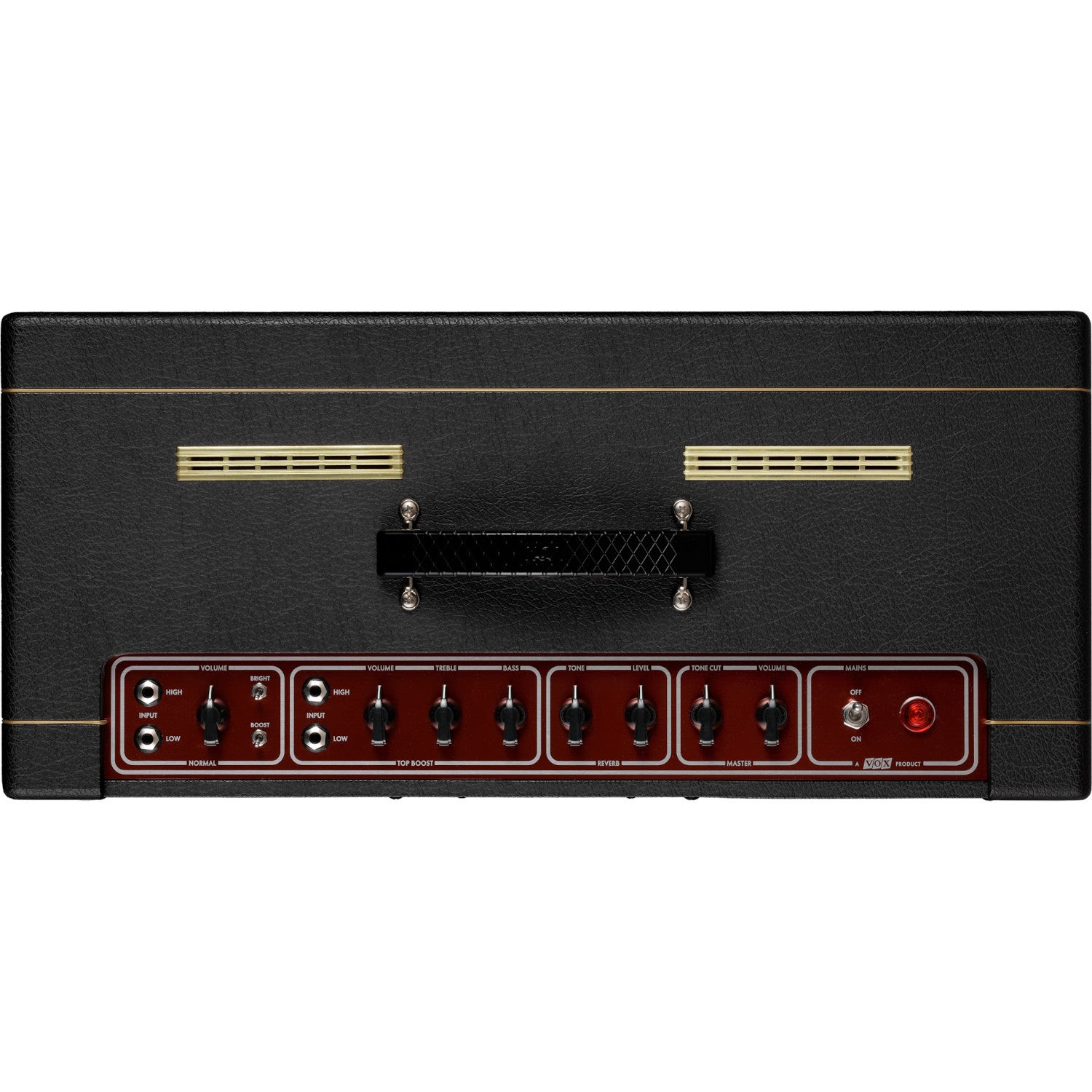 Black amplifier with red knobs and switches. Gold accents and vents.