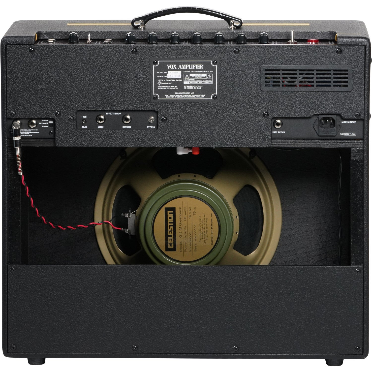 Rear view of a Vox guitar amplifier showing speaker, connections and label.