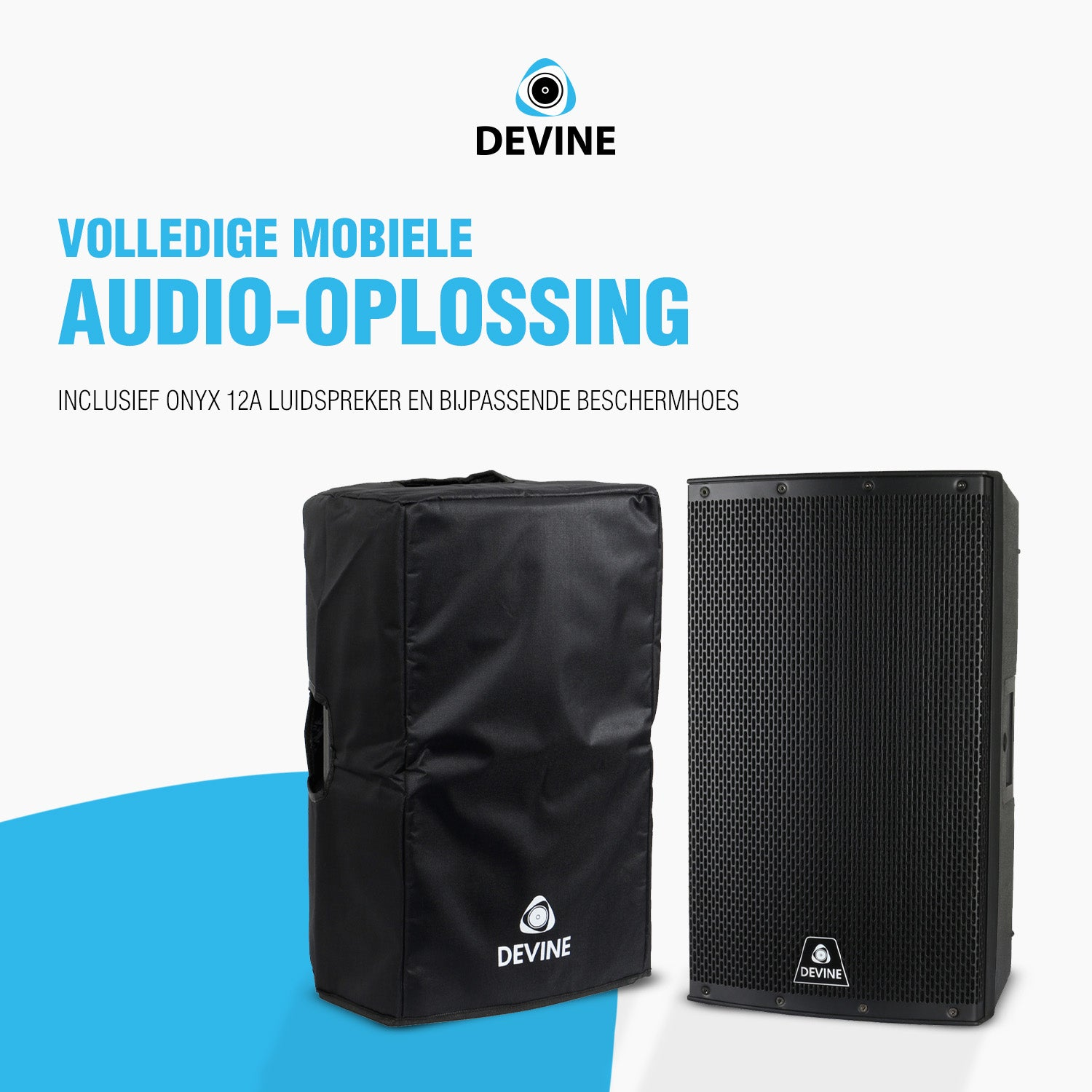 A black speaker and a protective cover by Devine on a white background.