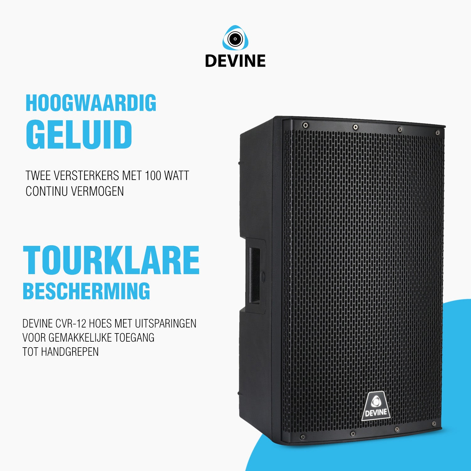 Black loudspeaker with DEVINE logo, text about sound and protection.