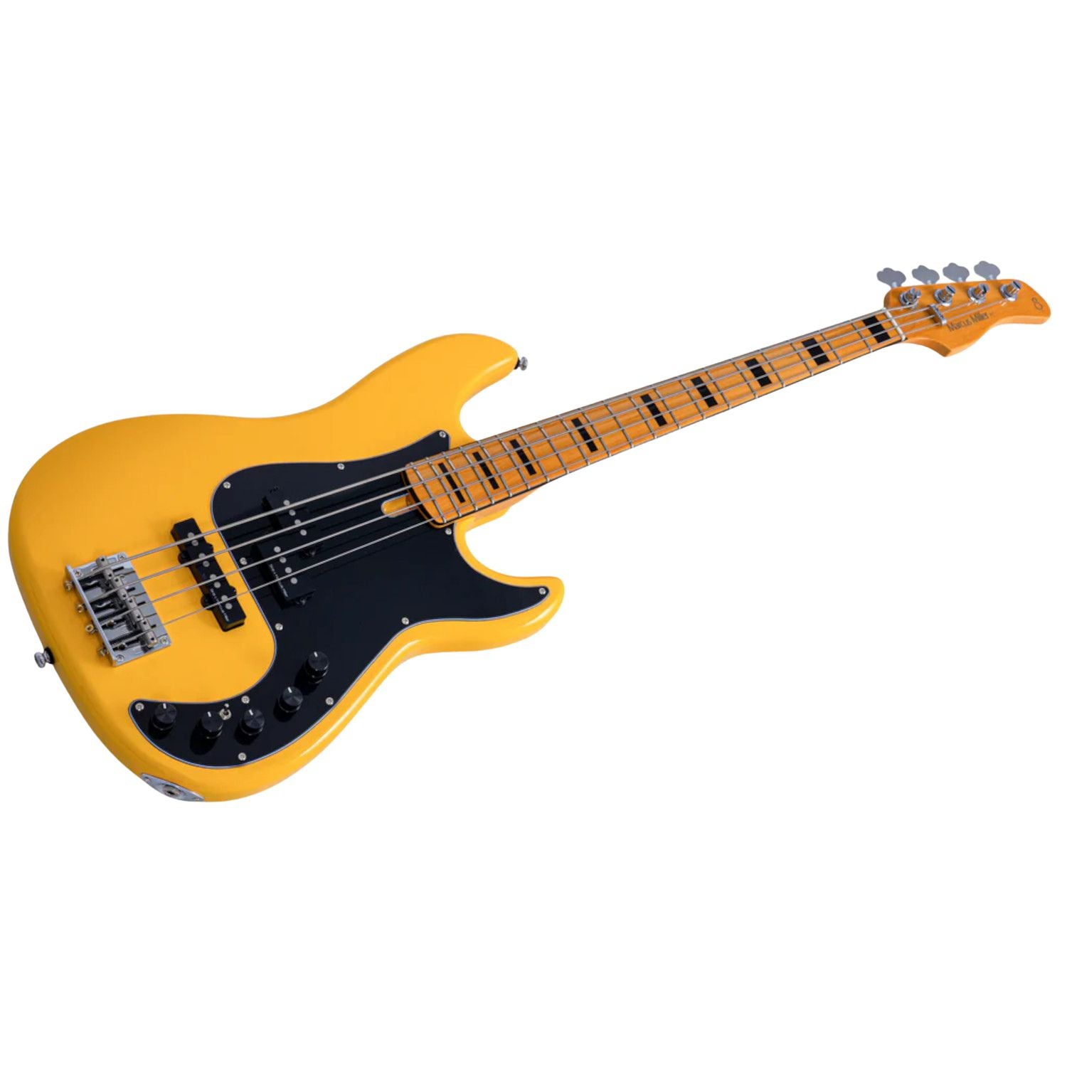 Een gele elektrische basgitaar met een zwart slagplaat en zilveren hardware.