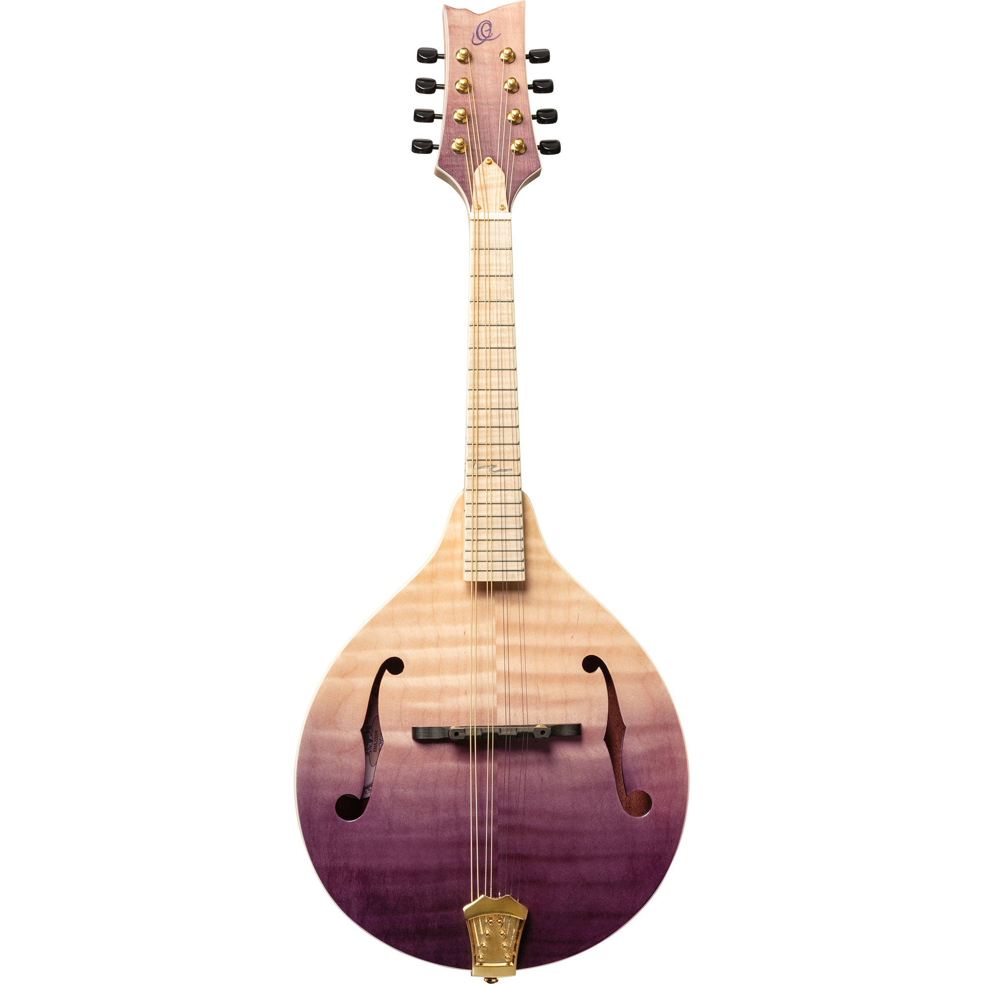 Een mandoline met een houtafwerking die vervaagt van lichtbruin naar dieppaars.