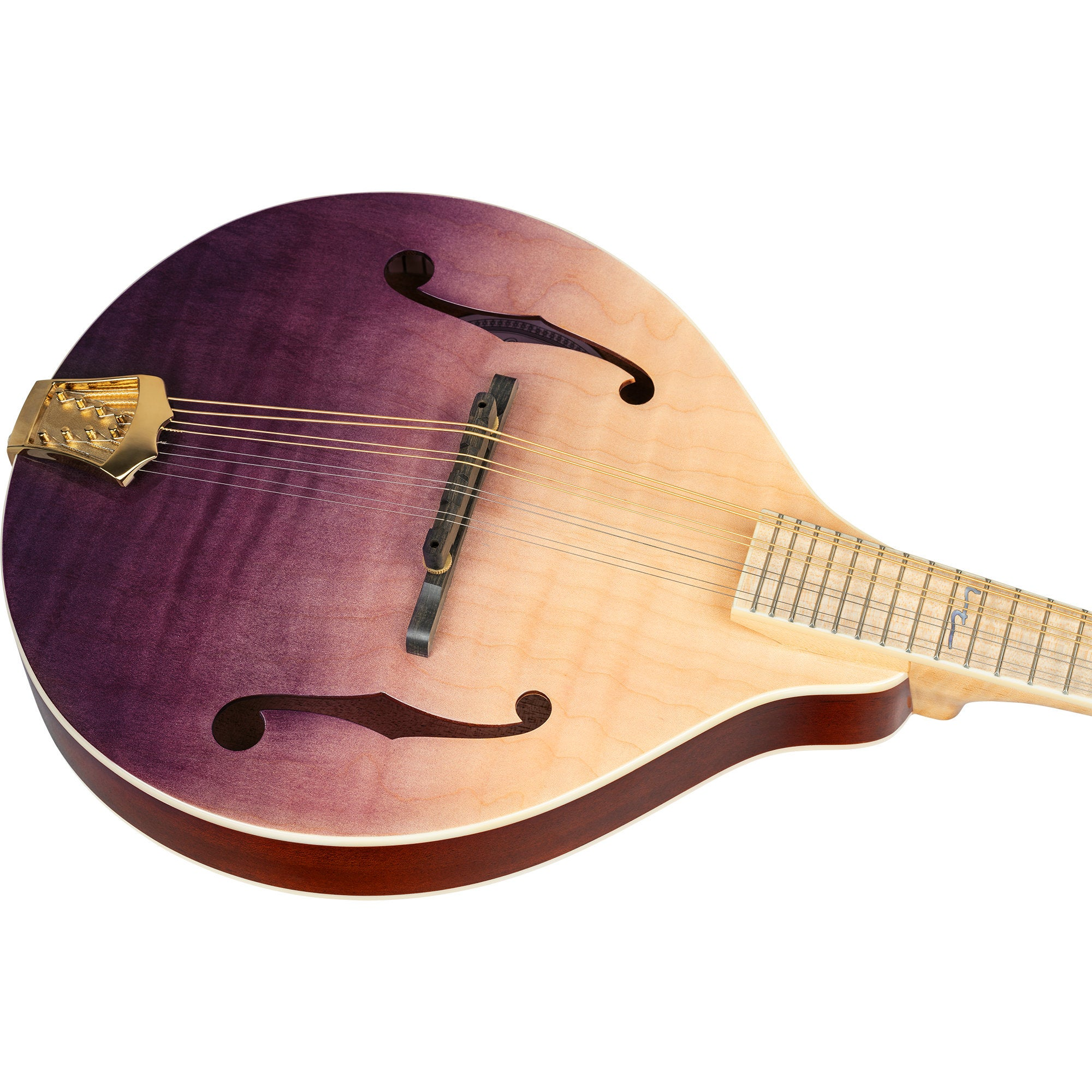 Een mandoline met paarse top en lichte houten body.