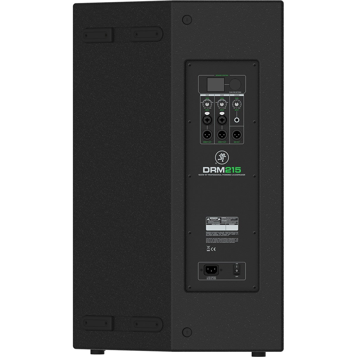 Pannello posteriore di un diffusore Mackie DRM215 nero con ingressi e controlli.