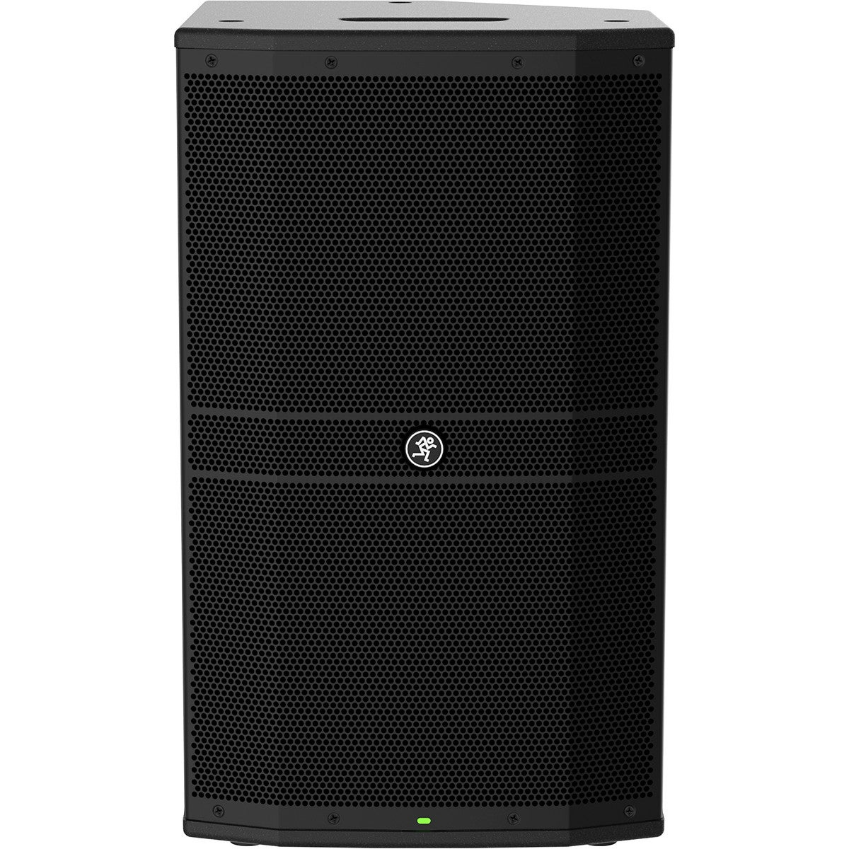 Zwarte luidspreker met ronde grille voorkant en logo.