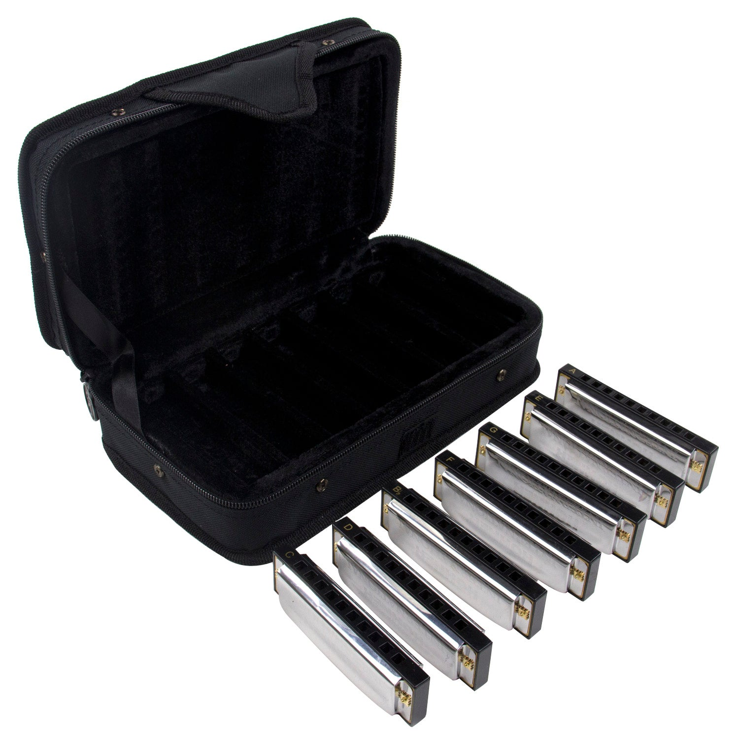 An open black case with several silver harmonicas laid out beside it.