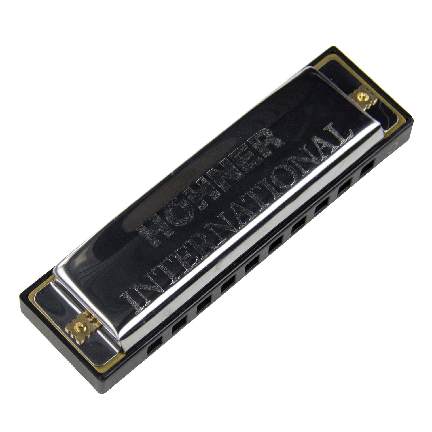 A black harmonica with silver trim and engraved lettering, on a white background.