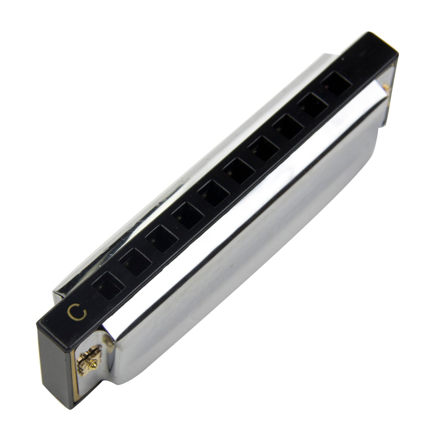 A shiny harmonica in C key on a white background.