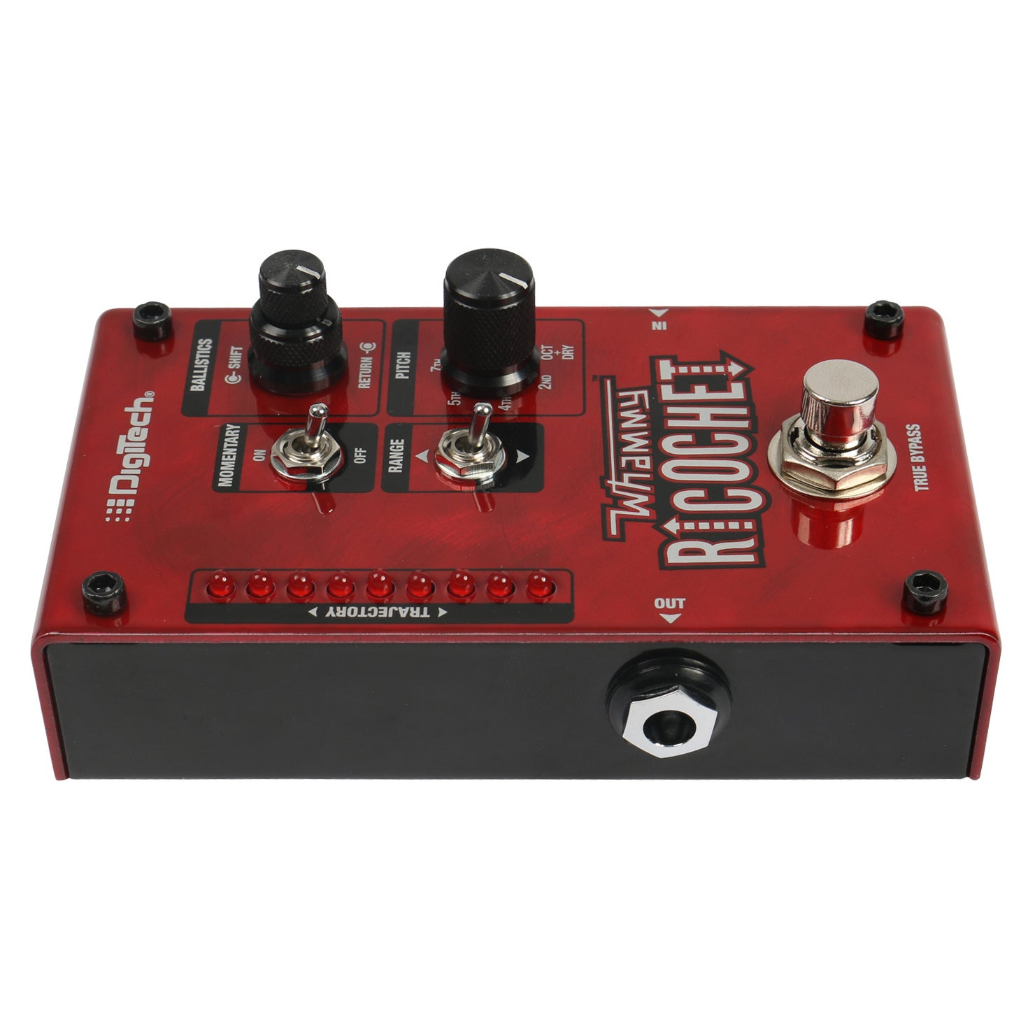 Czerwony pedał gitarowy DigiTech Whammy Ricochet z gałkami, przełącznikami, diodami LED i przełącznikiem nożnym.