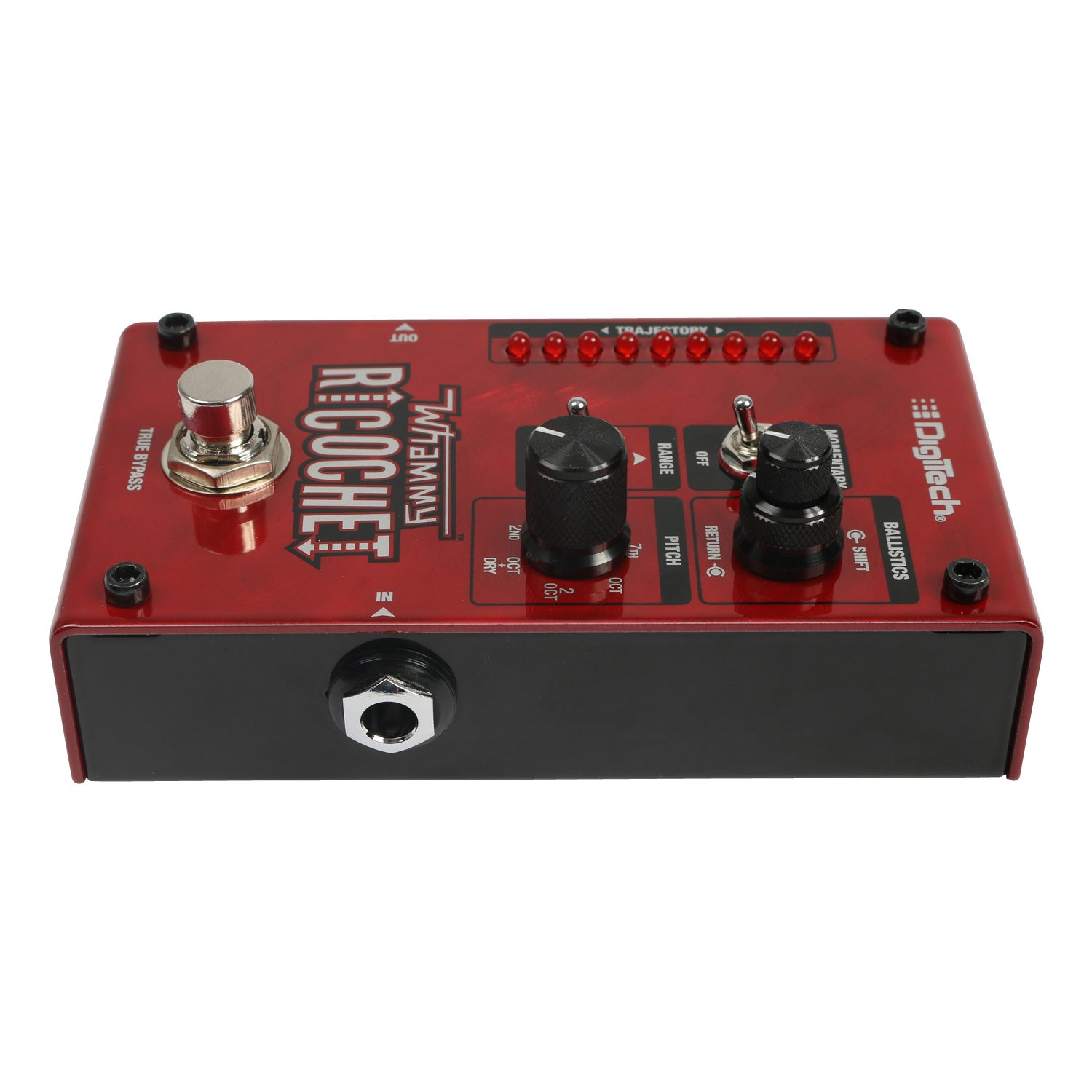 Czerwony pedał efektów gitarowych DigiTech Whammy Ricochet z gałkami i przełącznikami.