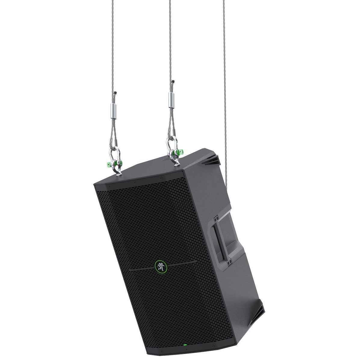 Zwarte luidspreker hangt aan kabels, met groen logo en lampjes.