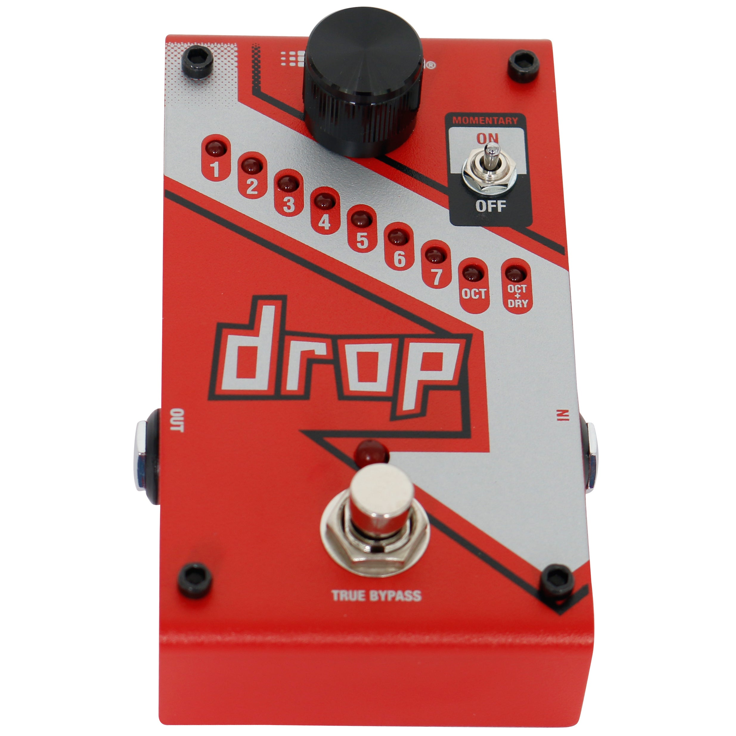 A red guitar pedal with silver accents, 'drop' branding, switches, and lights.