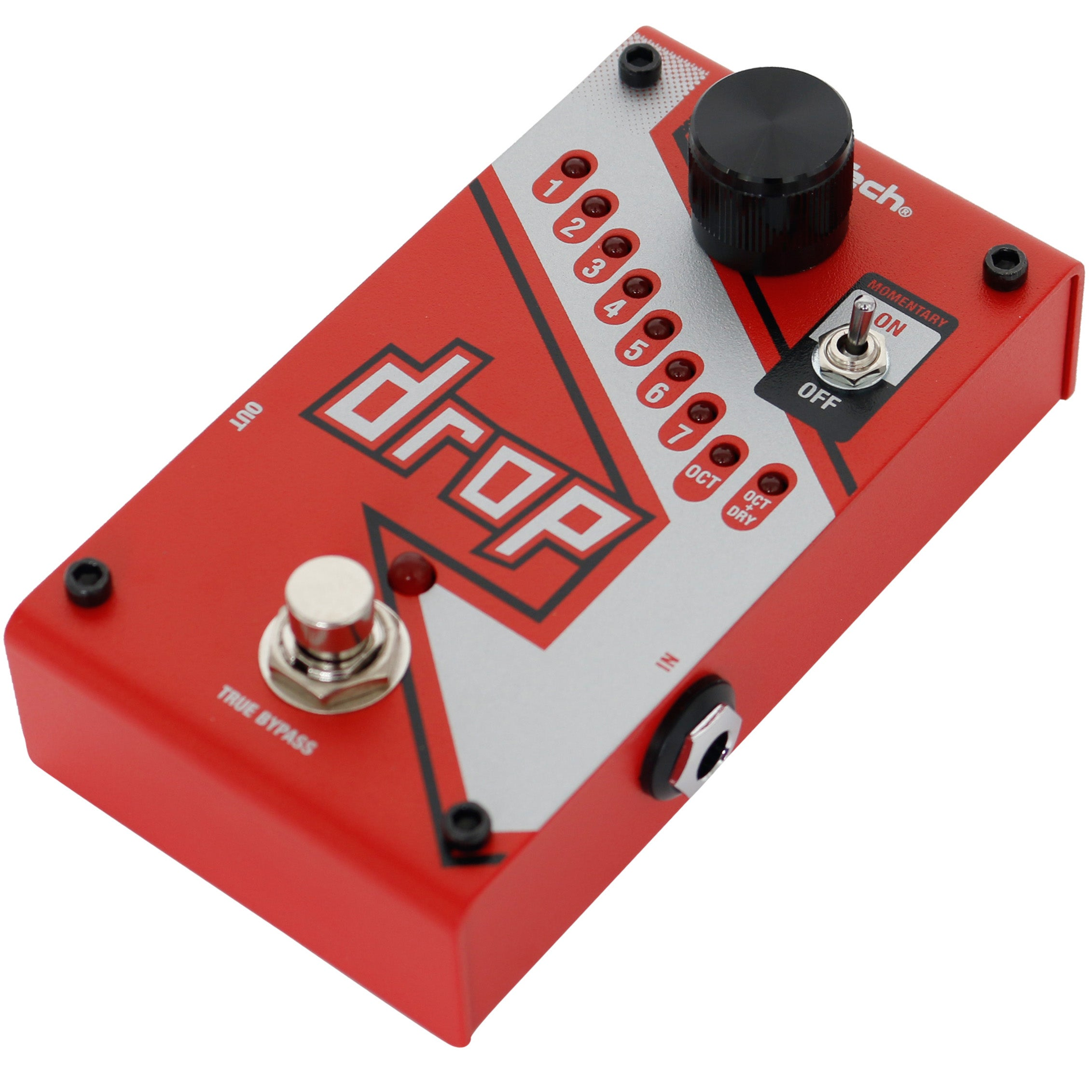 A red guitar effect pedal labeled 'drop' with numbered lights and knobs.