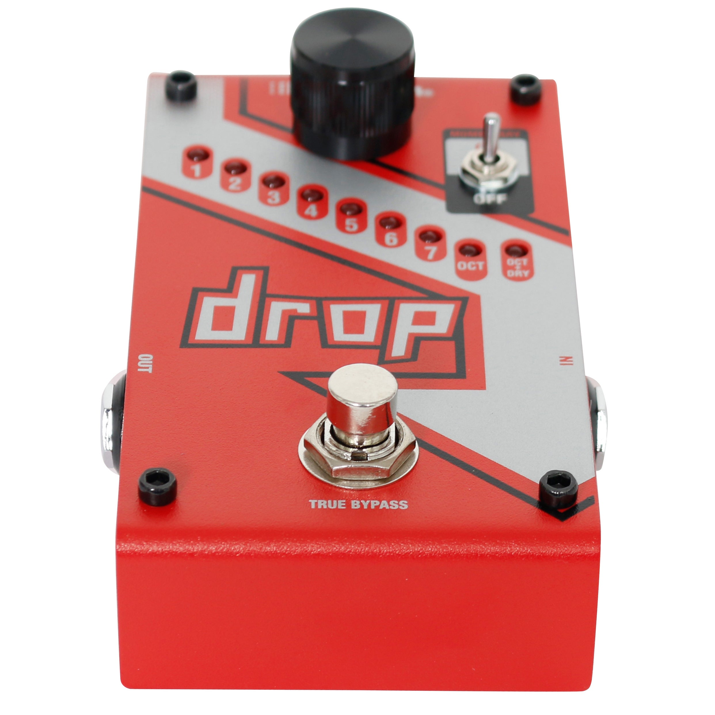 A red "drop" logo stompbox with knobs, switches, and numbered LEDs.