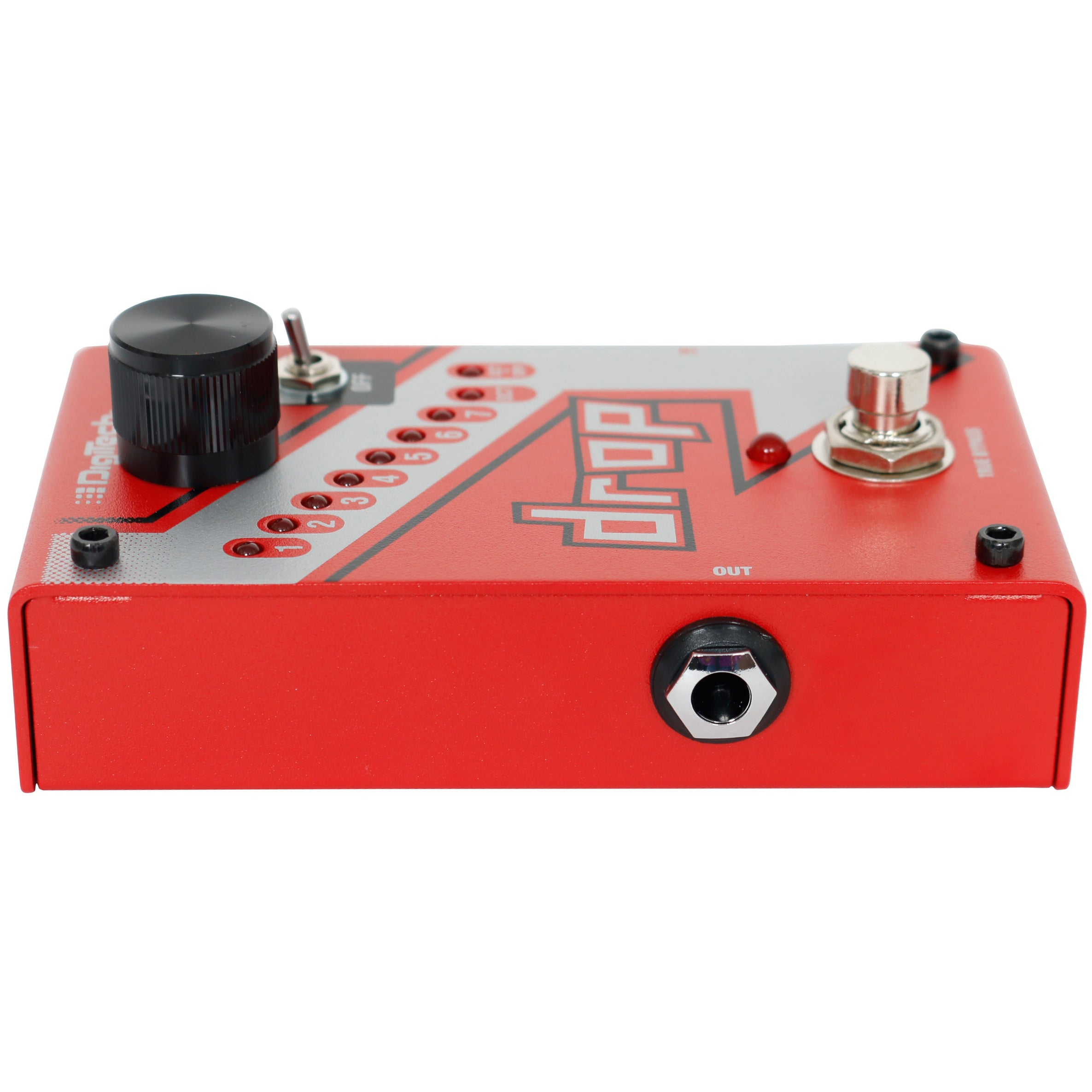 A red stompbox with a black knob, toggle switch, and footswitch.