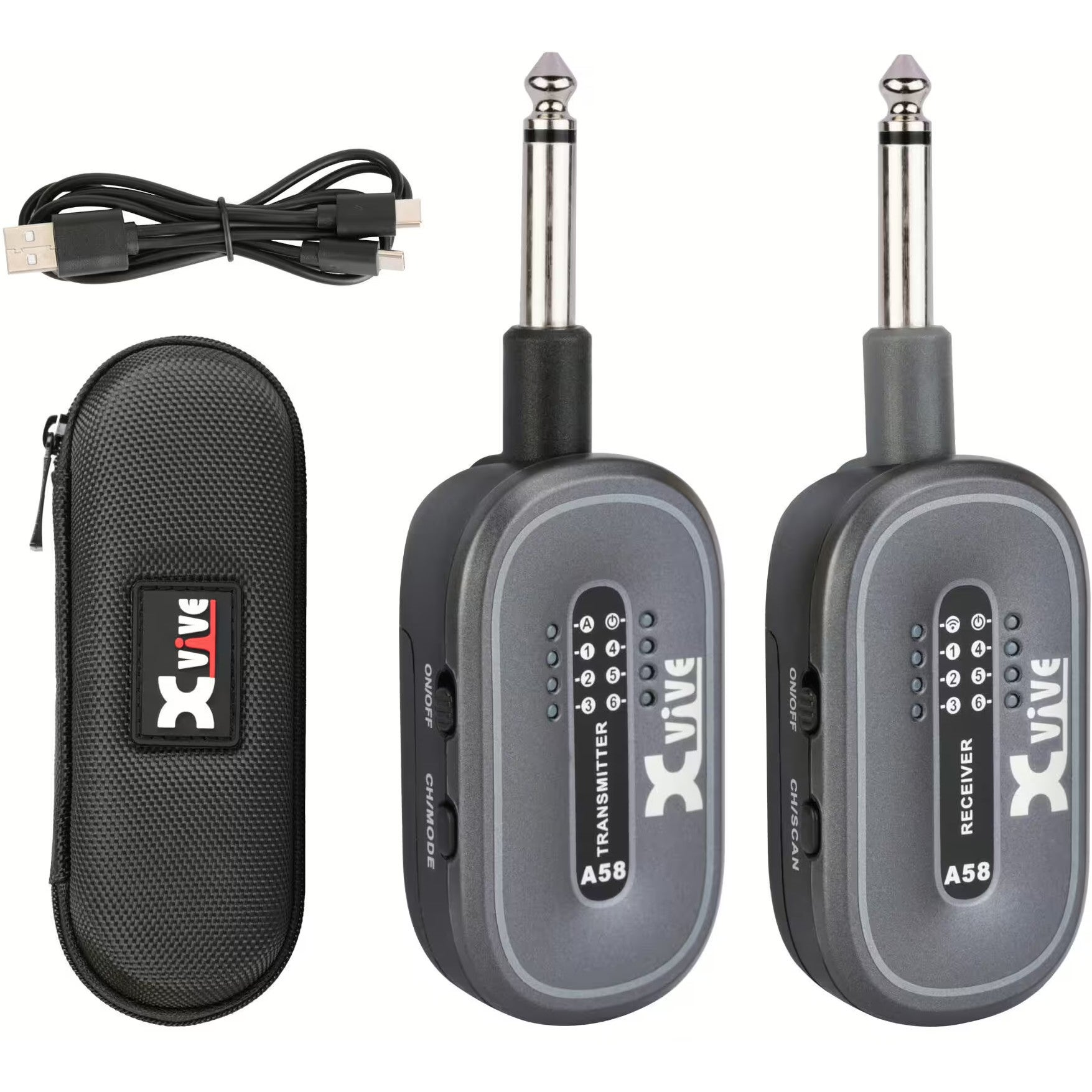 A black case, a USB cable, and two gray Xvive A58 transmitter/receiver units.