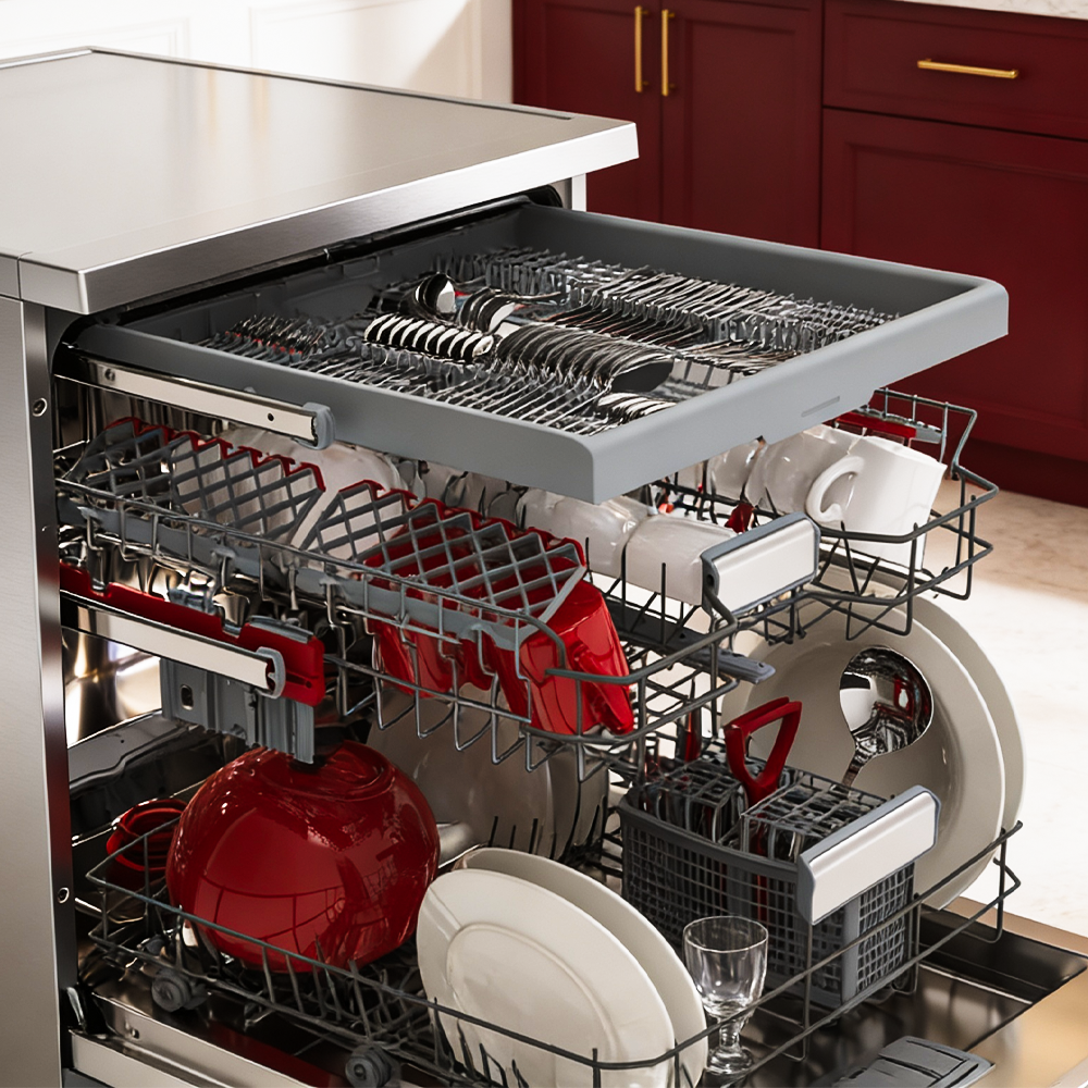 An open dishwasher with two racks filled with dishes and cutlery.