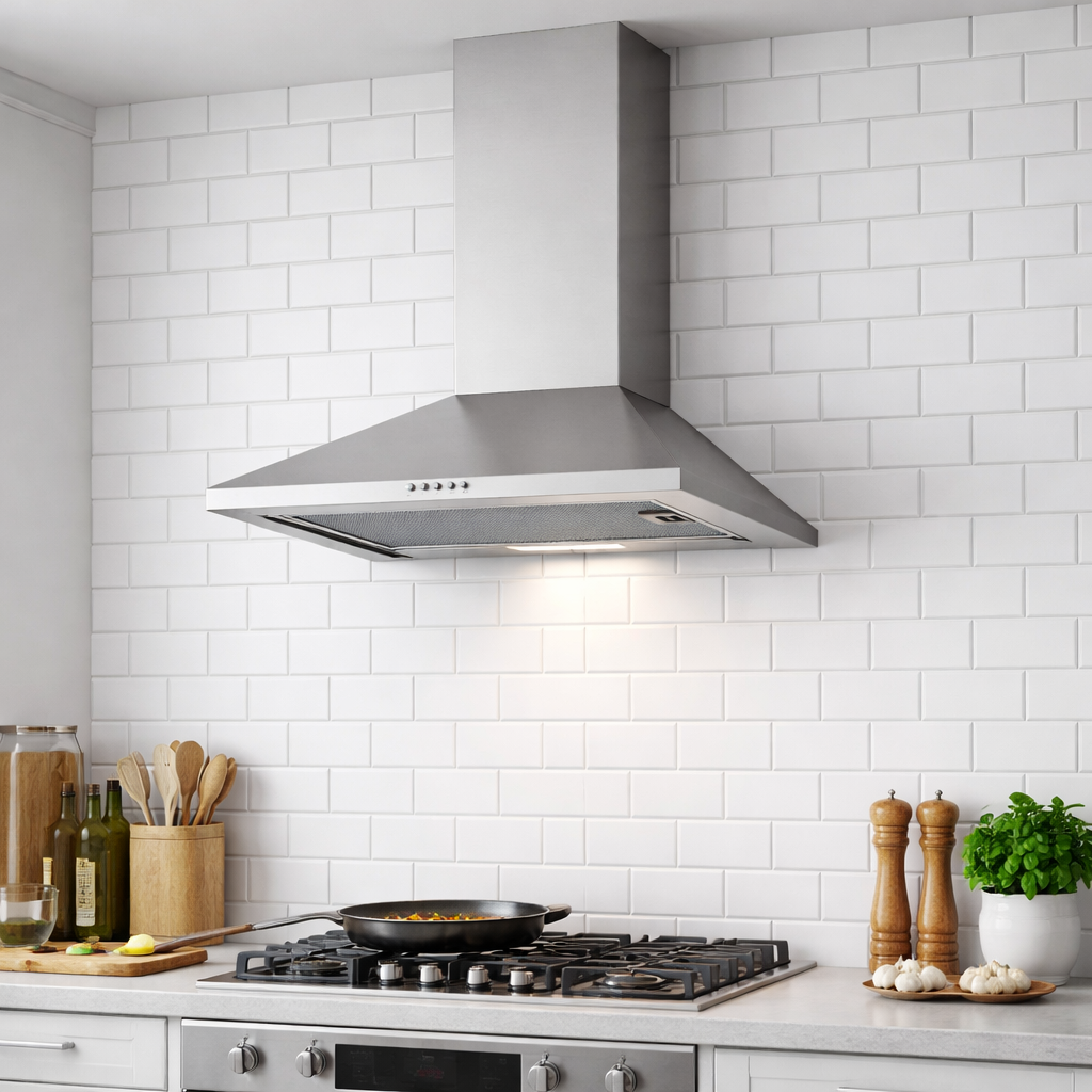 Campana extractora de acero inoxidable sobre cocina de gas con sartén. Pared de azulejos blancos.