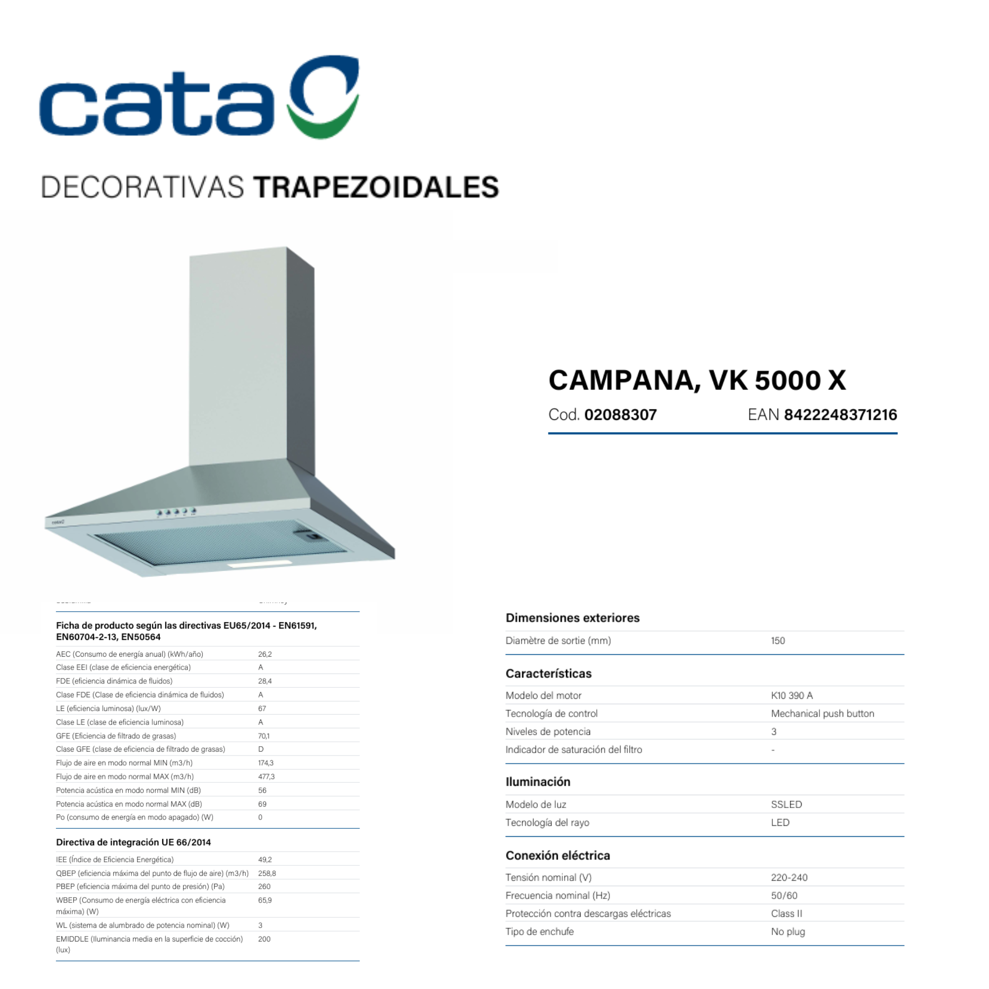 Campana extractora de acero inoxidable con panel de control y datos técnicos.
