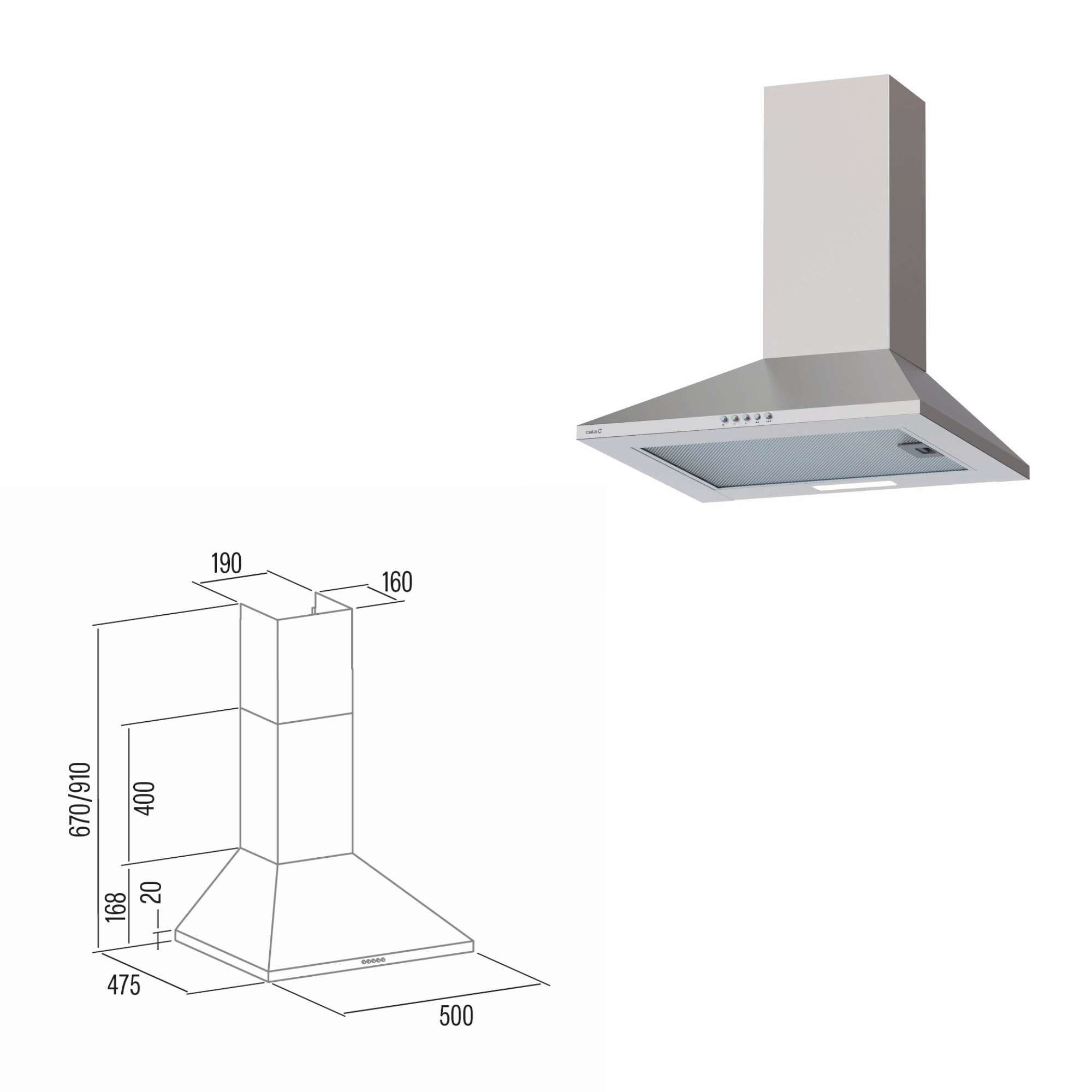 Campana extractora de acero inoxidable con dimensiones técnicas y vista.