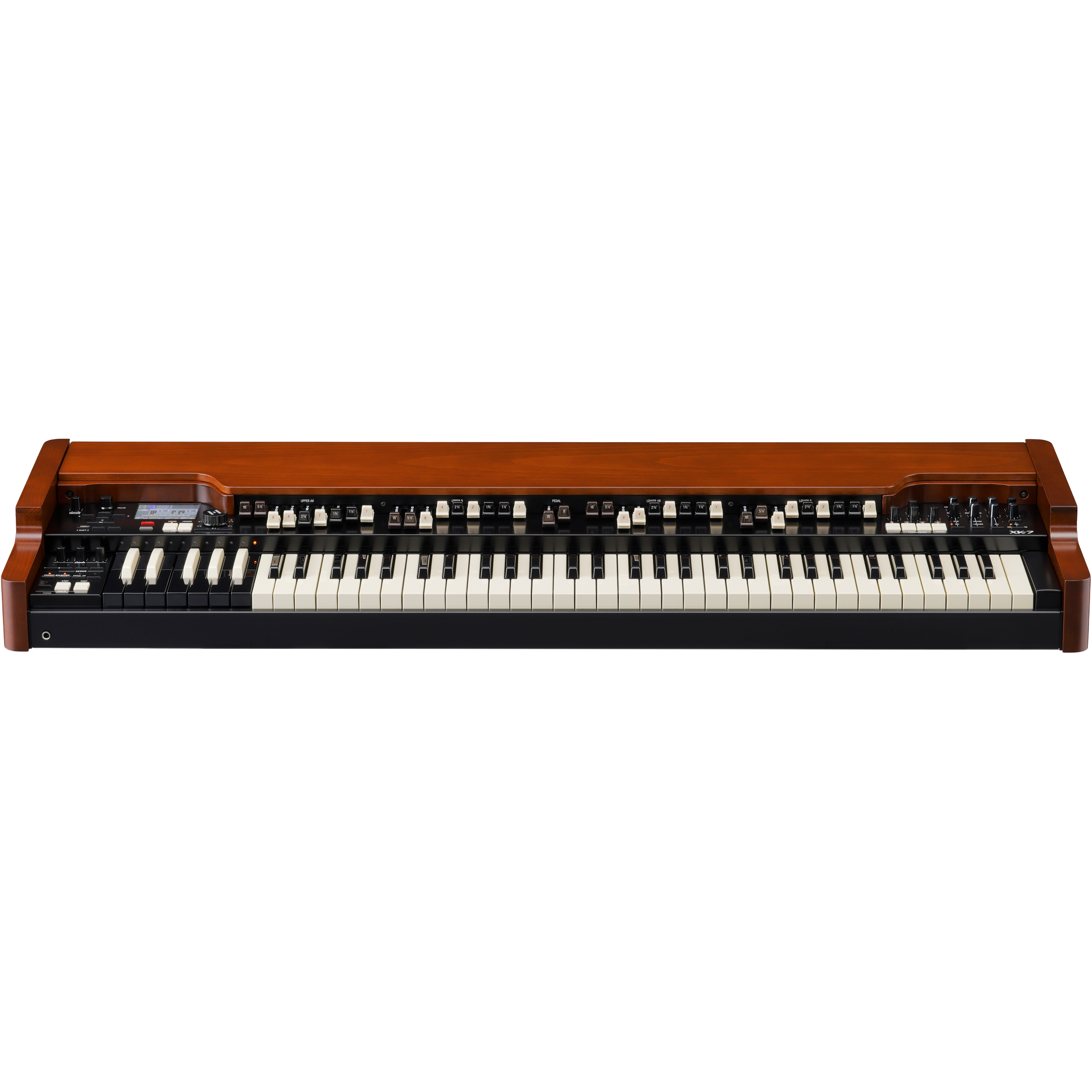 Een zwart keyboard met een houten omhulsel, met talrijke toetsen en knoppen.