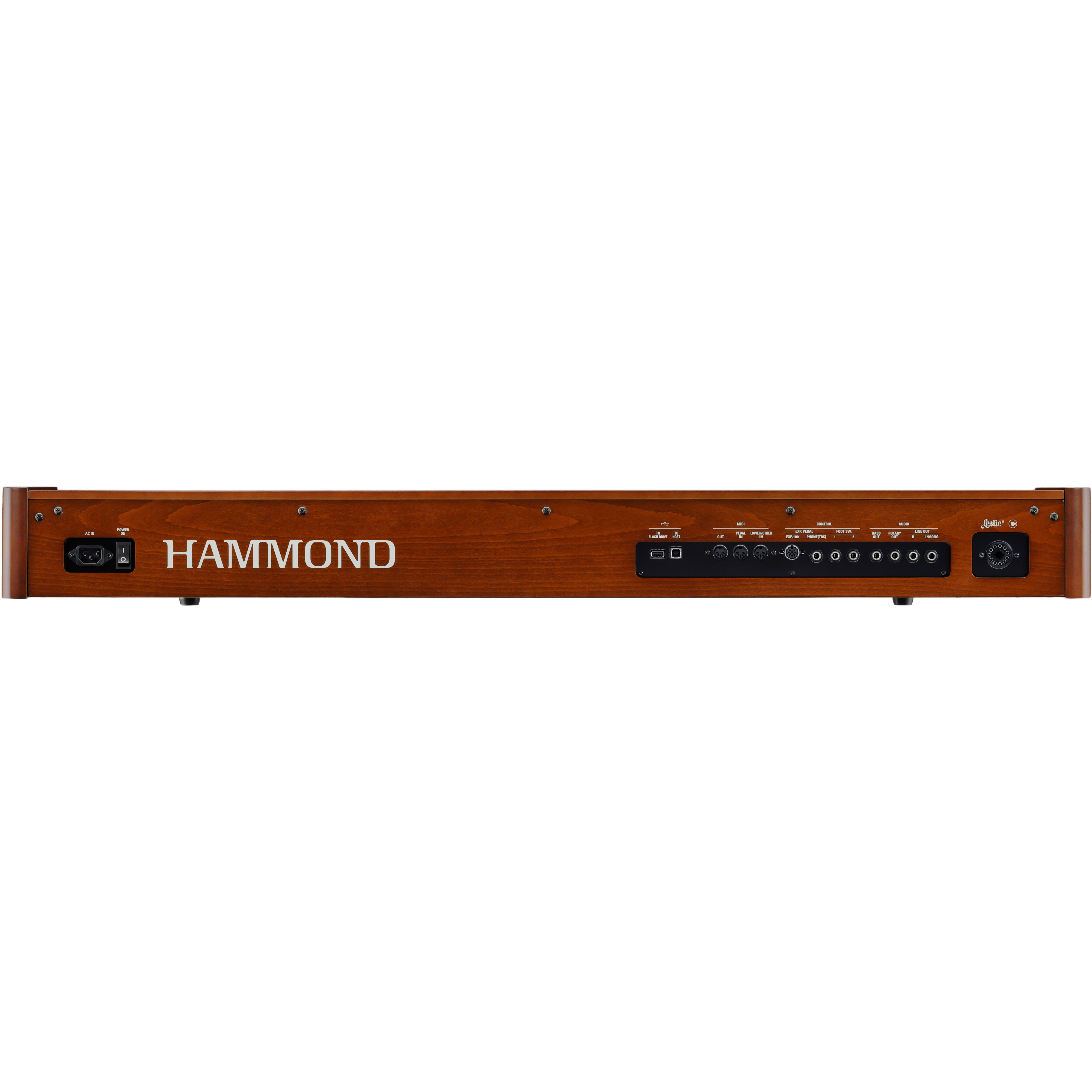 Achterkant van een bruin Hammond keyboard met poorten en Hammond logo.