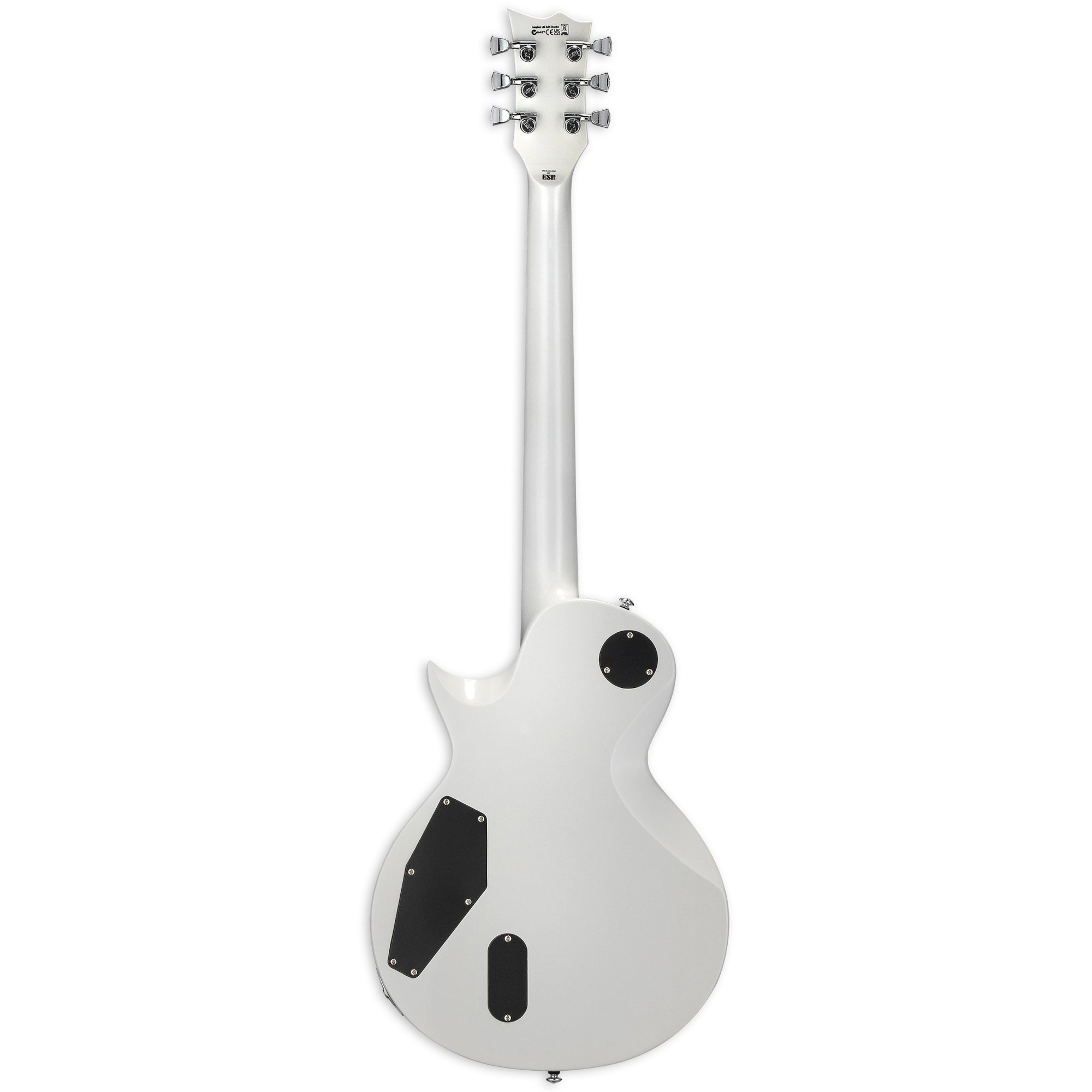 Een witte elektrische gitaar van achteren gezien, met zilveren stemknoppen en zwarte afdekkingen.