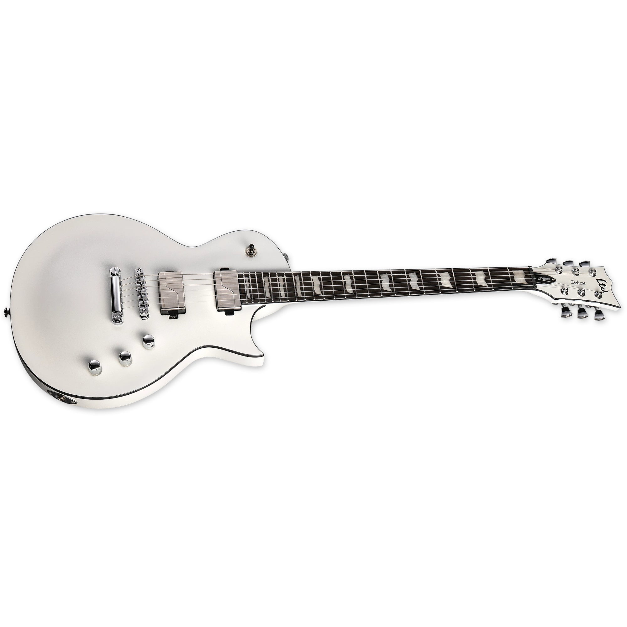 Een witte elektrische gitaar met zilveren hardware, liggend op witte achtergrond.