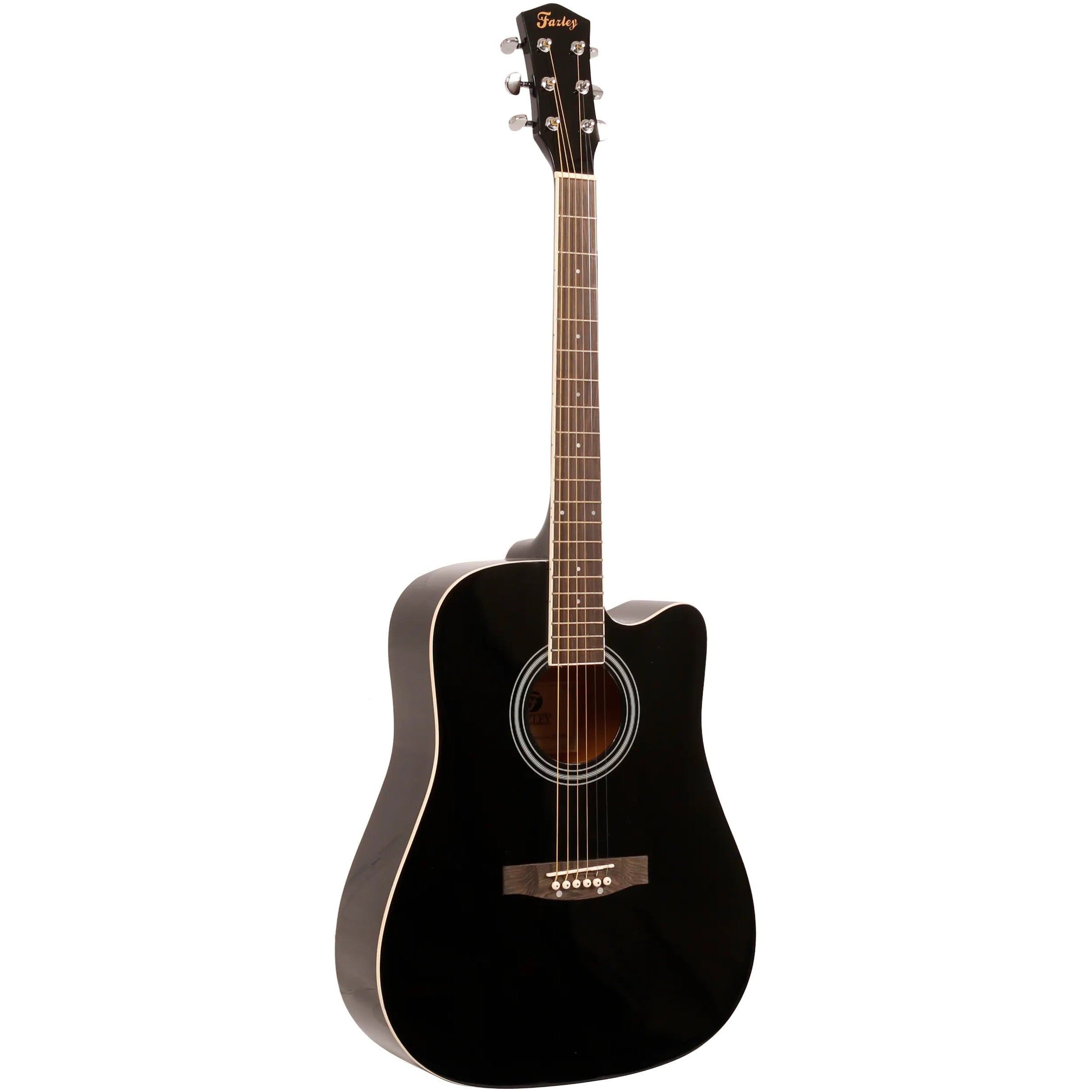 Een zwarte akoestische gitaar met zes snaren, witte binding en een cutaway.