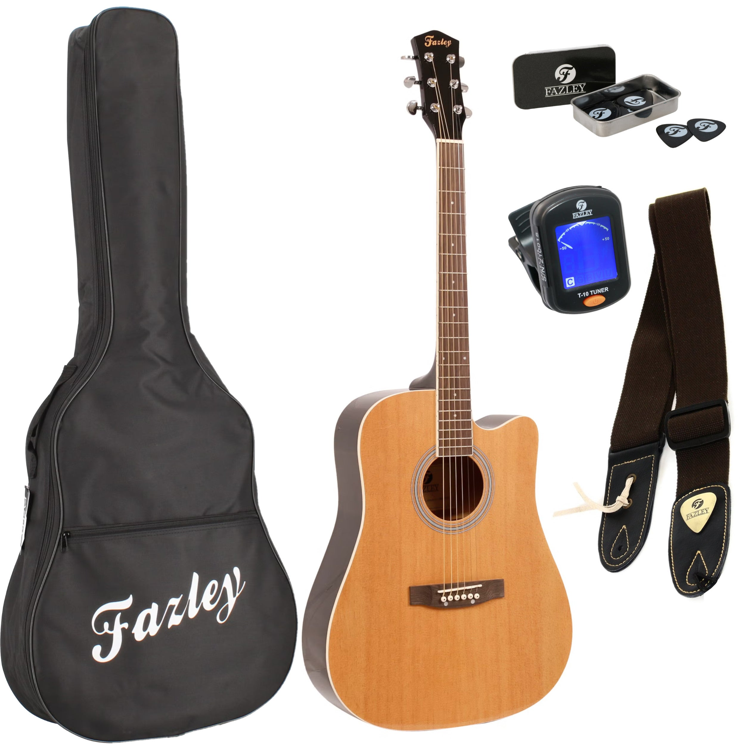 Een akoestische gitaar met tas, riem, plectrums, tuner en plectrumbakje.