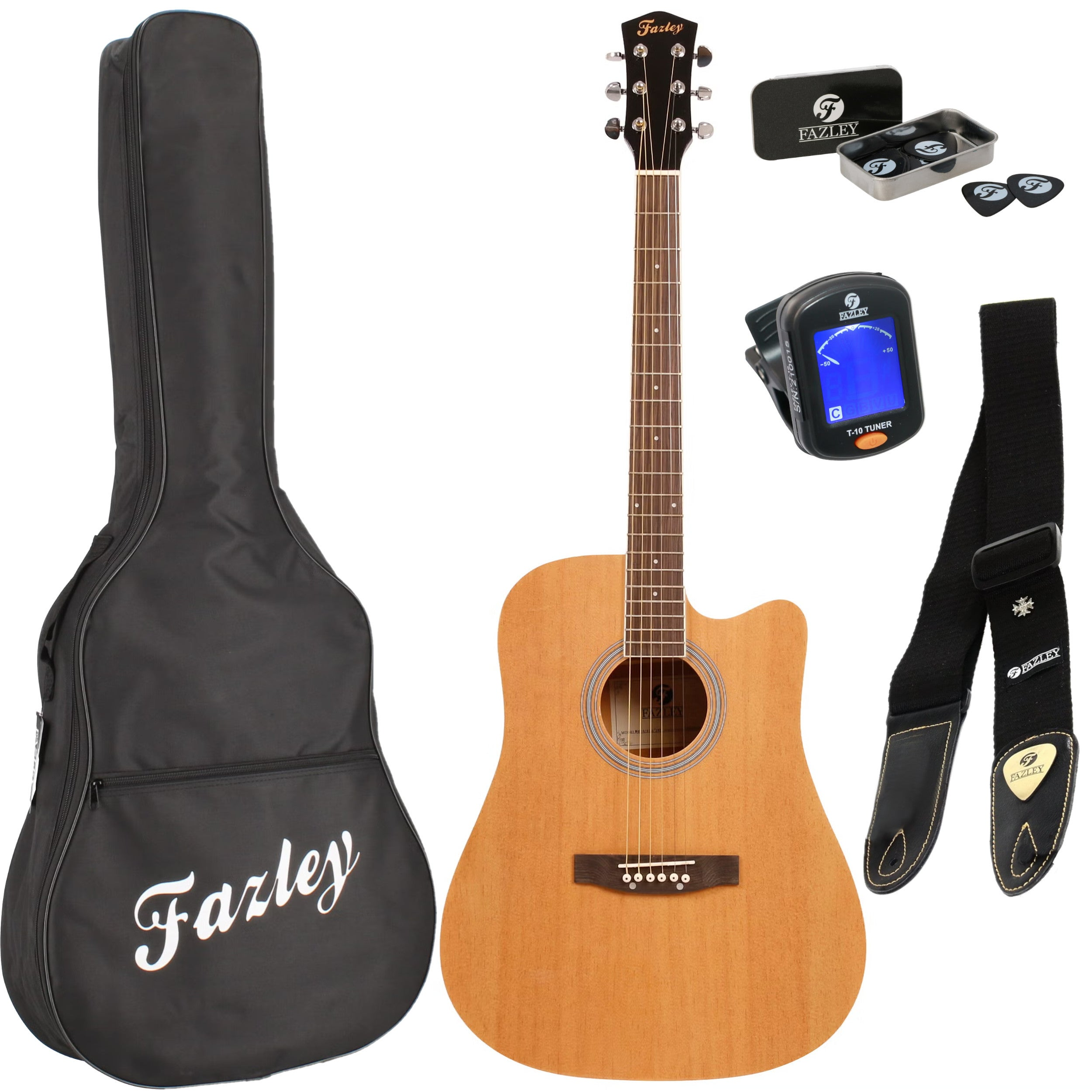 Een Fazley akoestische gitaar met zwarte koffer, band, tuner en plectrums.