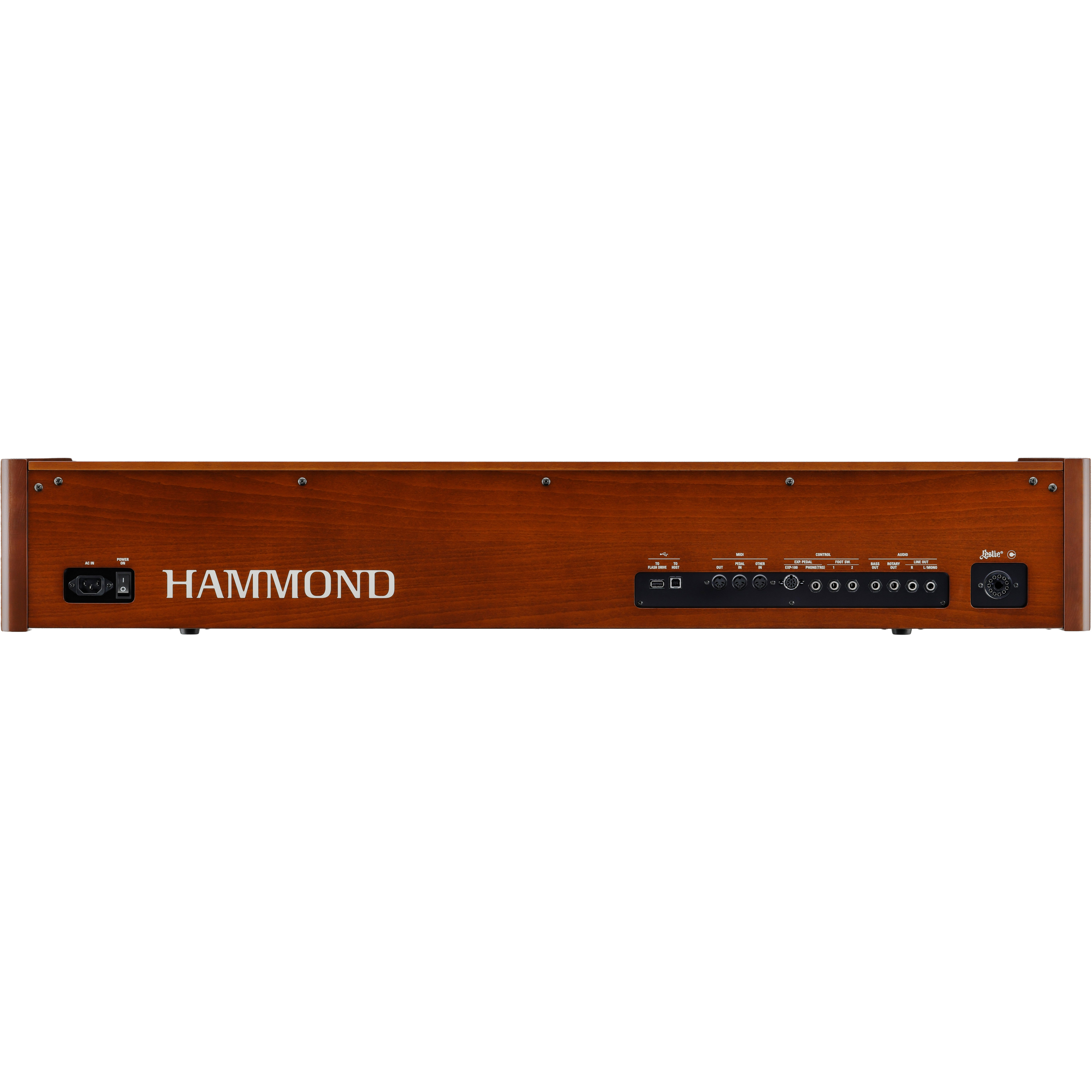 Achterkant van een Hammond keyboard met diverse poorten en labels.