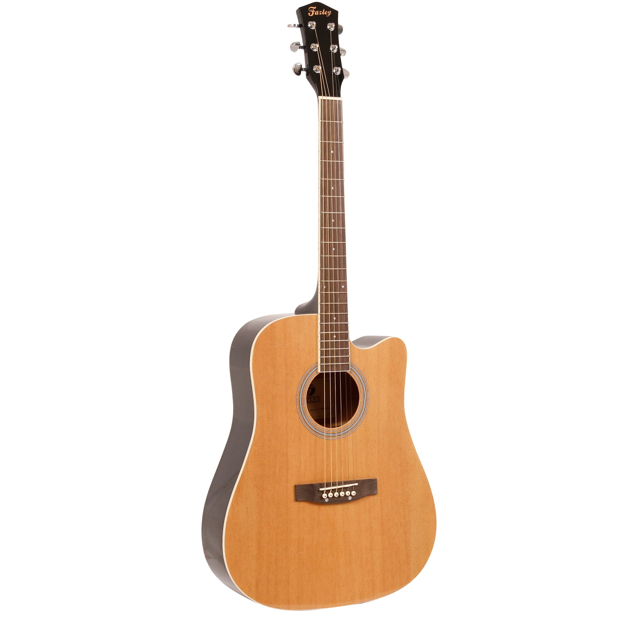 Een staande akoestische gitaar met een licht houten body en donkere hals.