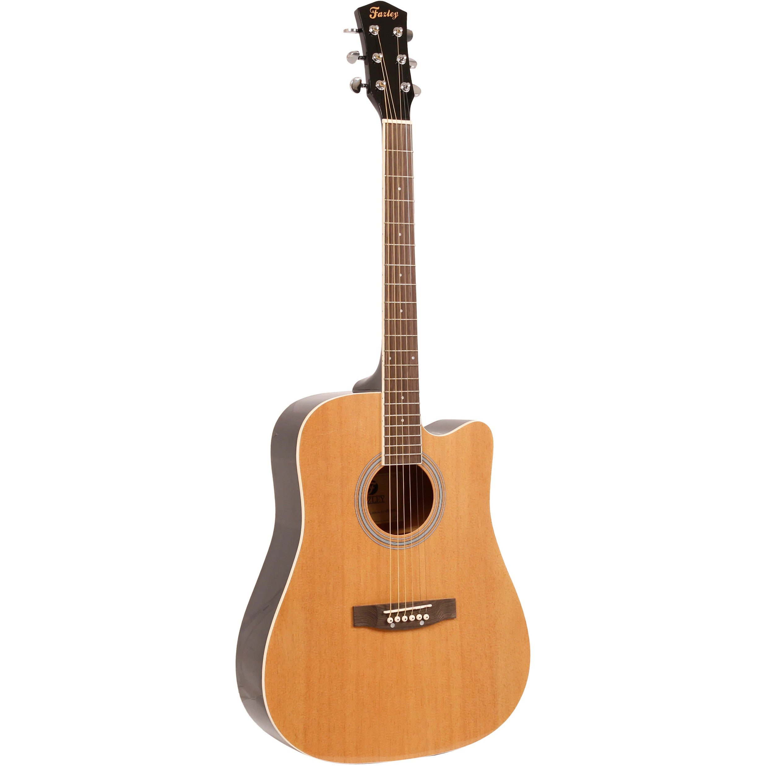 Een akoestische gitaar met een bruin lichaam en zwarte kop.