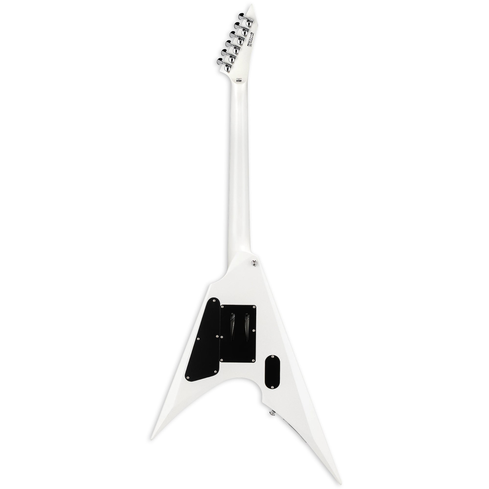 Een witte V-vormige elektrische gitaar met zwarte pickups en zilveren stemknoppen.