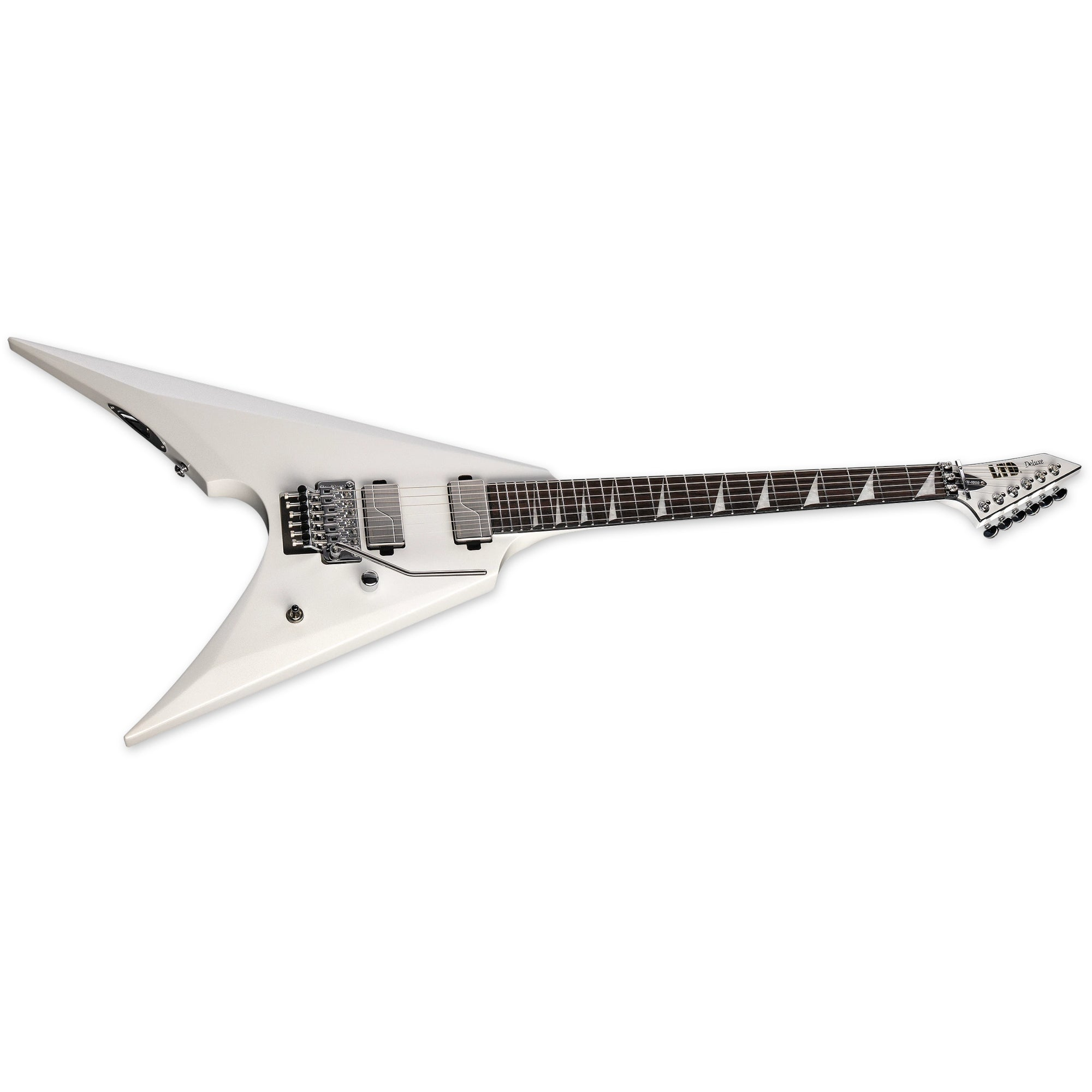 Een witte V-vormige elektrische gitaar met zilveren hardware.