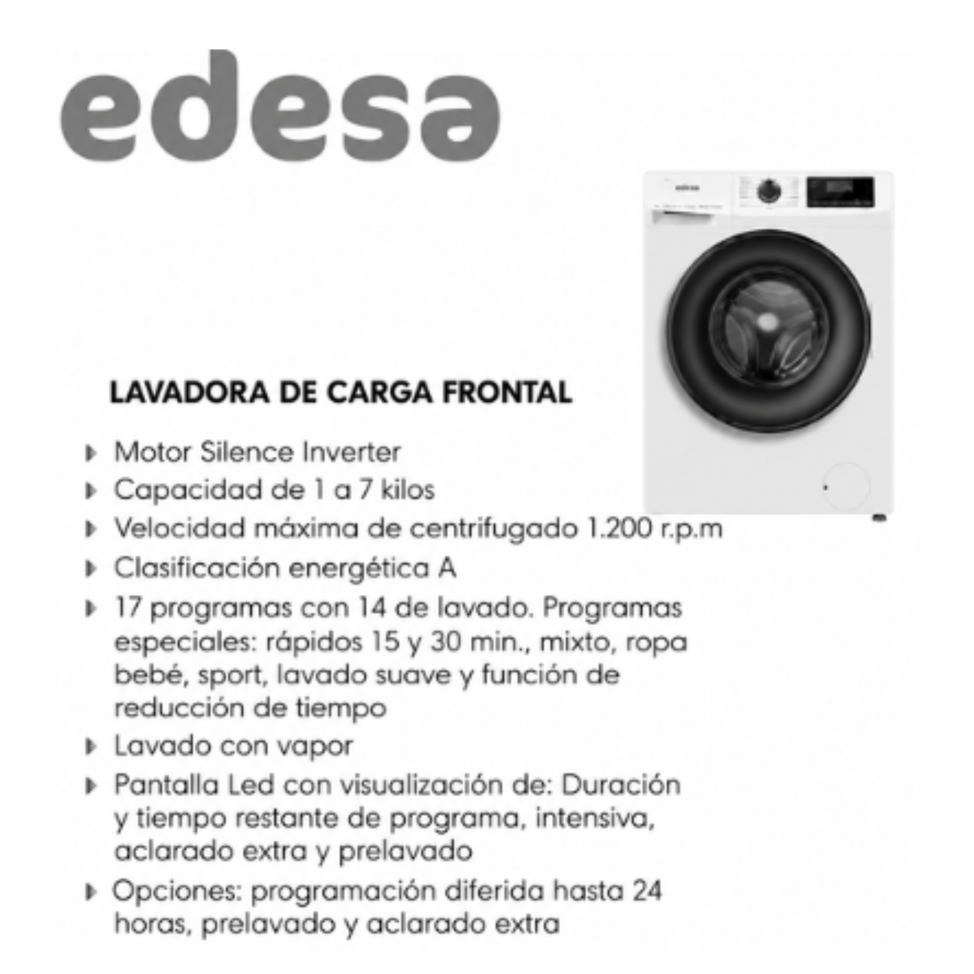 Lavadora carga frontal Edesa con descripción. Capacidad 1-7kg, 1200 rpm.