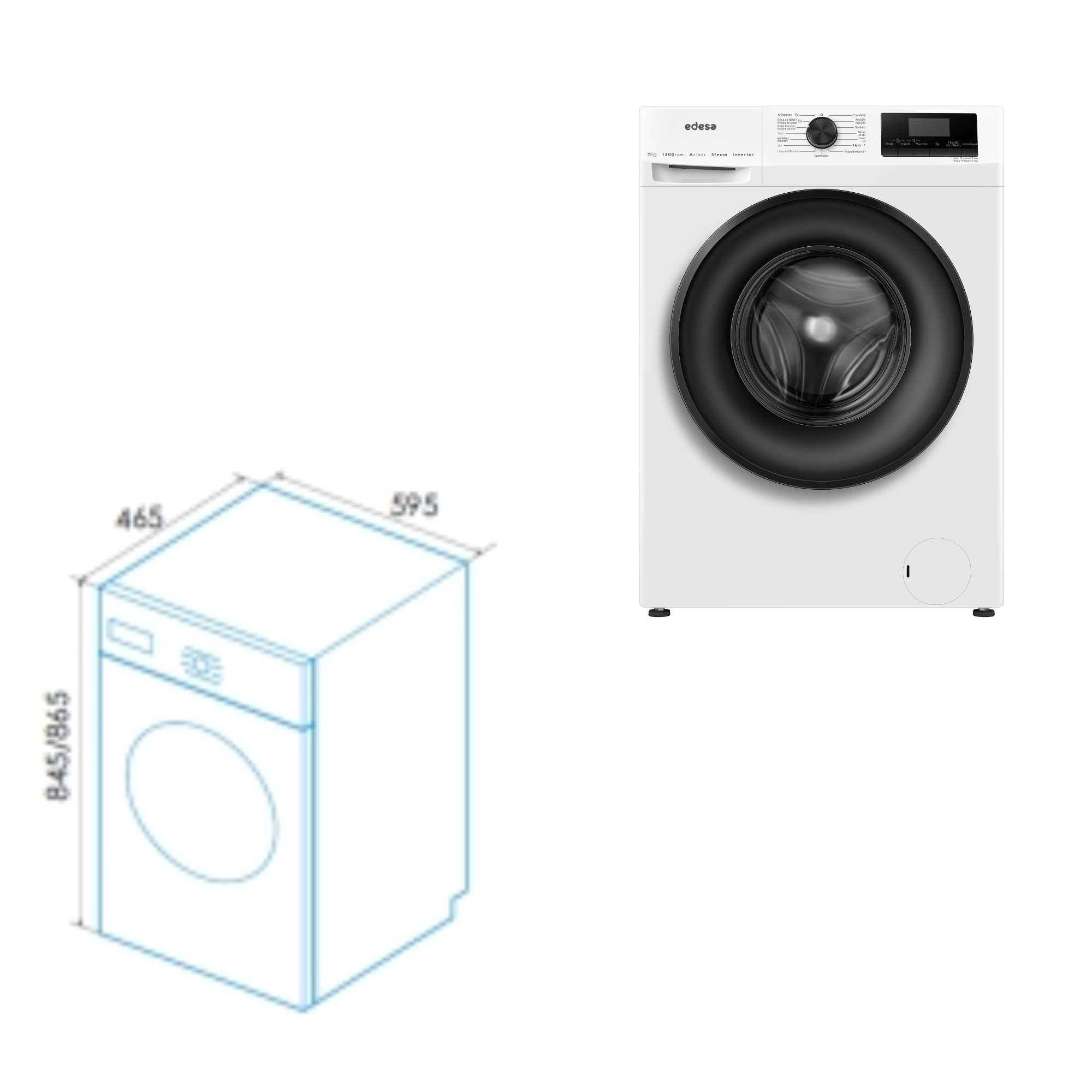 Una lavadora blanca con puerta y display negros. A su lado, una vista esquemática.