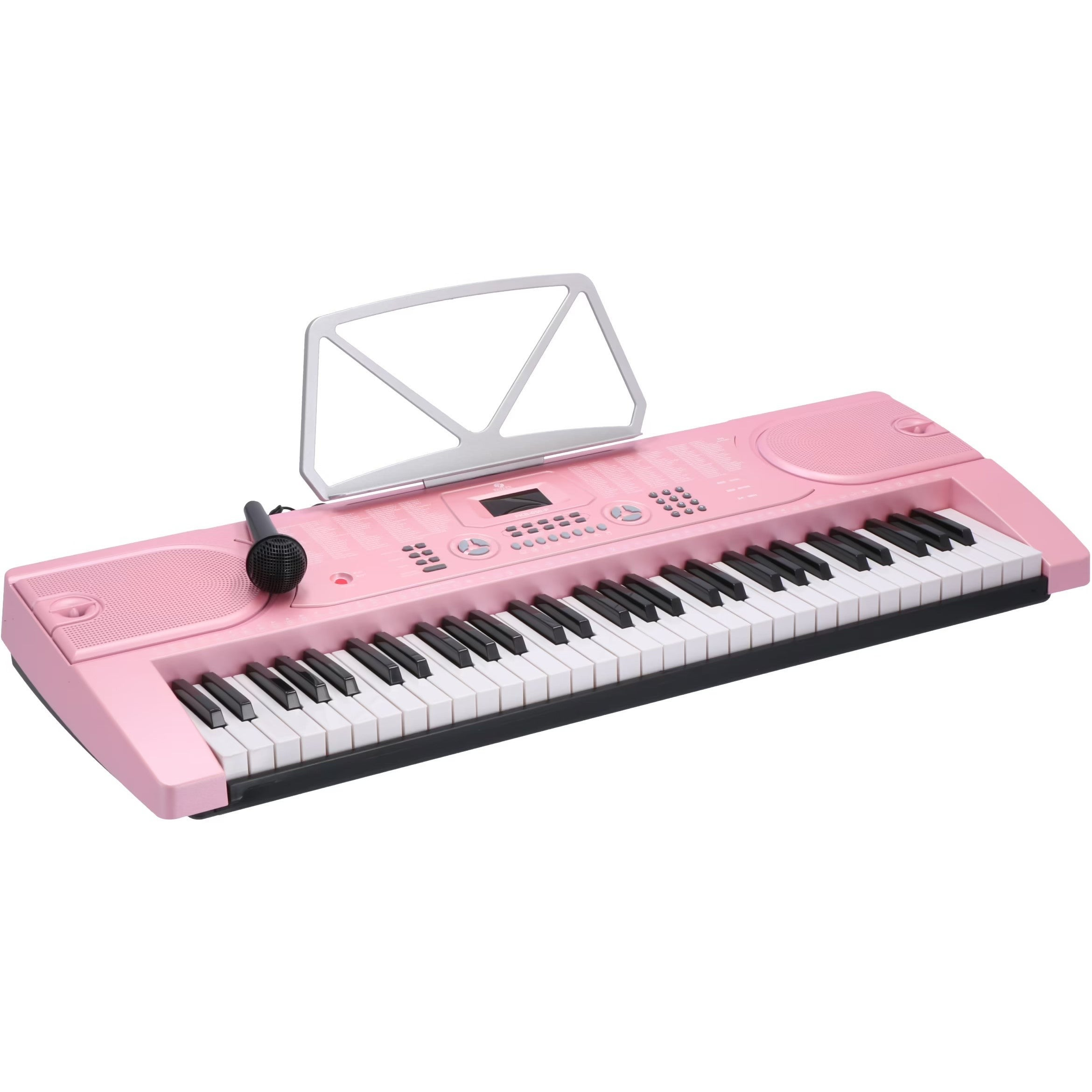 Roze speelgoedkeyboard met microfoon en muziekstandaard.